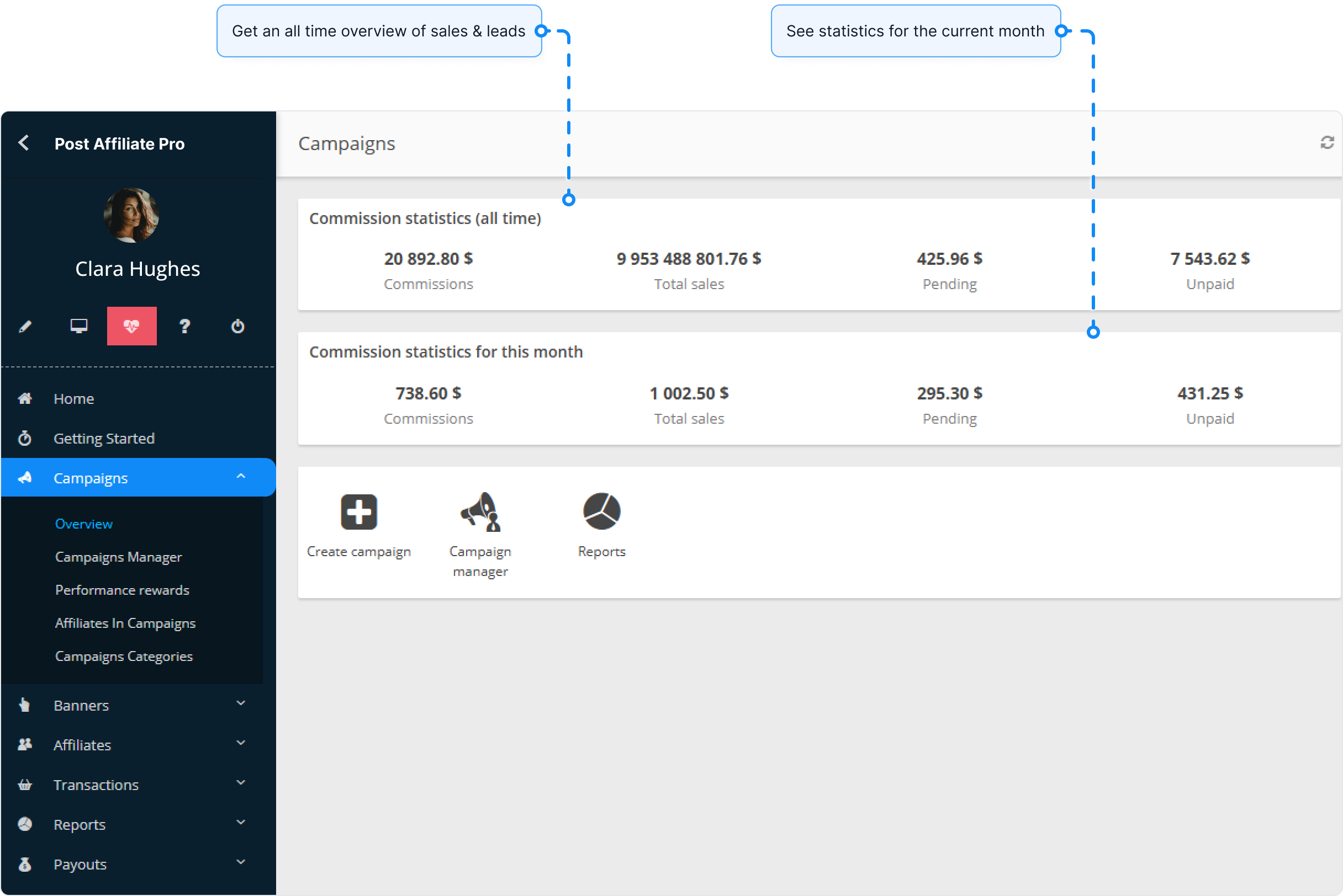 Resumen de comisiones de Post Affiliate Pro.