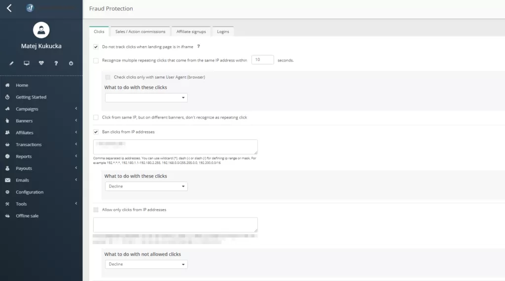 Captura de pantalla del panel de configuración de protección contra fraudes de Post Affiliate Pro.