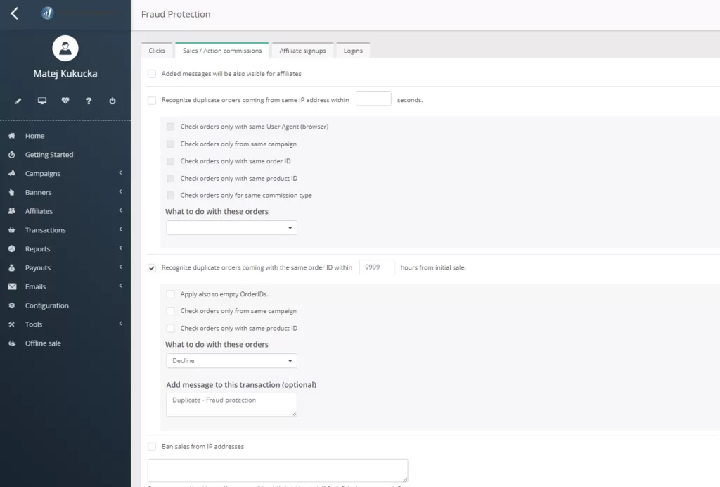 Captura de pantalla del panel de configuración de protección contra fraude de ventas de Post Affiliate Pro.