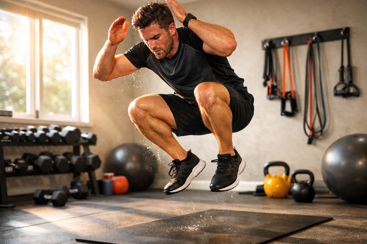 Entrenamiento HIIT dinámico mostrando actividad física y claridad mental