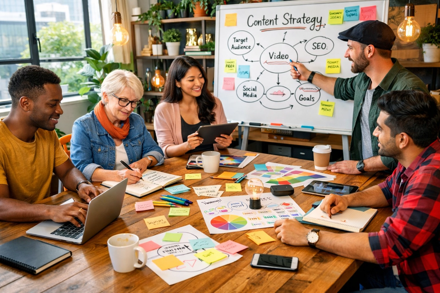 Diverse team of content creators collaborating in creative brainstorming session