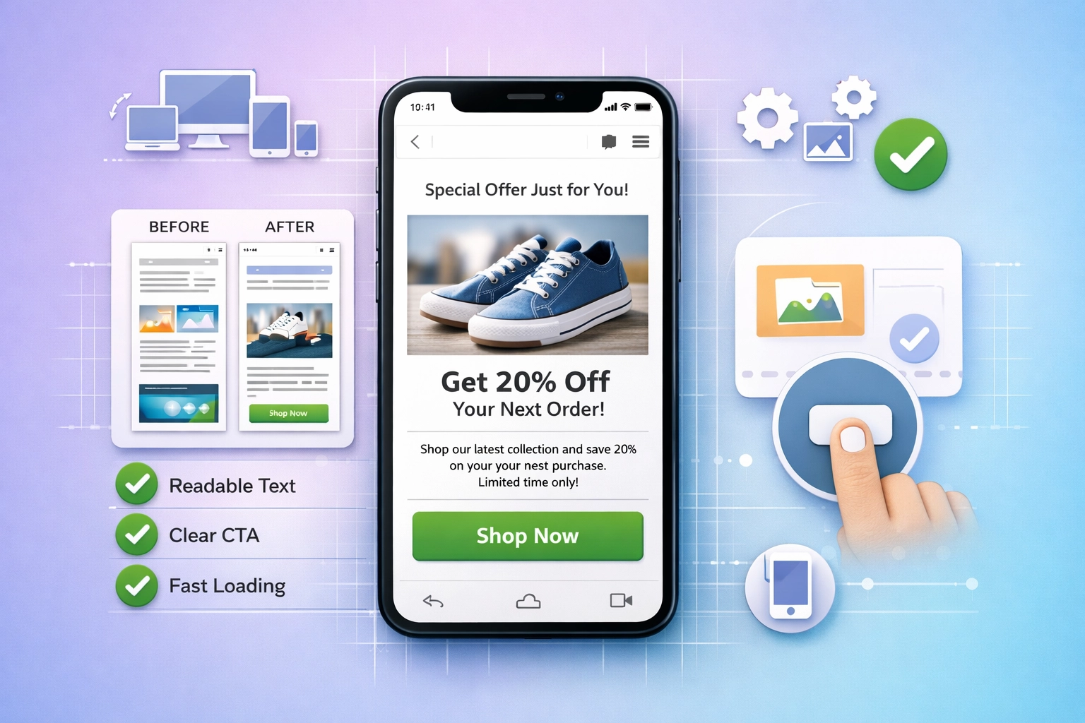 Optimización de diseño de emails para móvil mostrando layout responsivo y botones cómodos