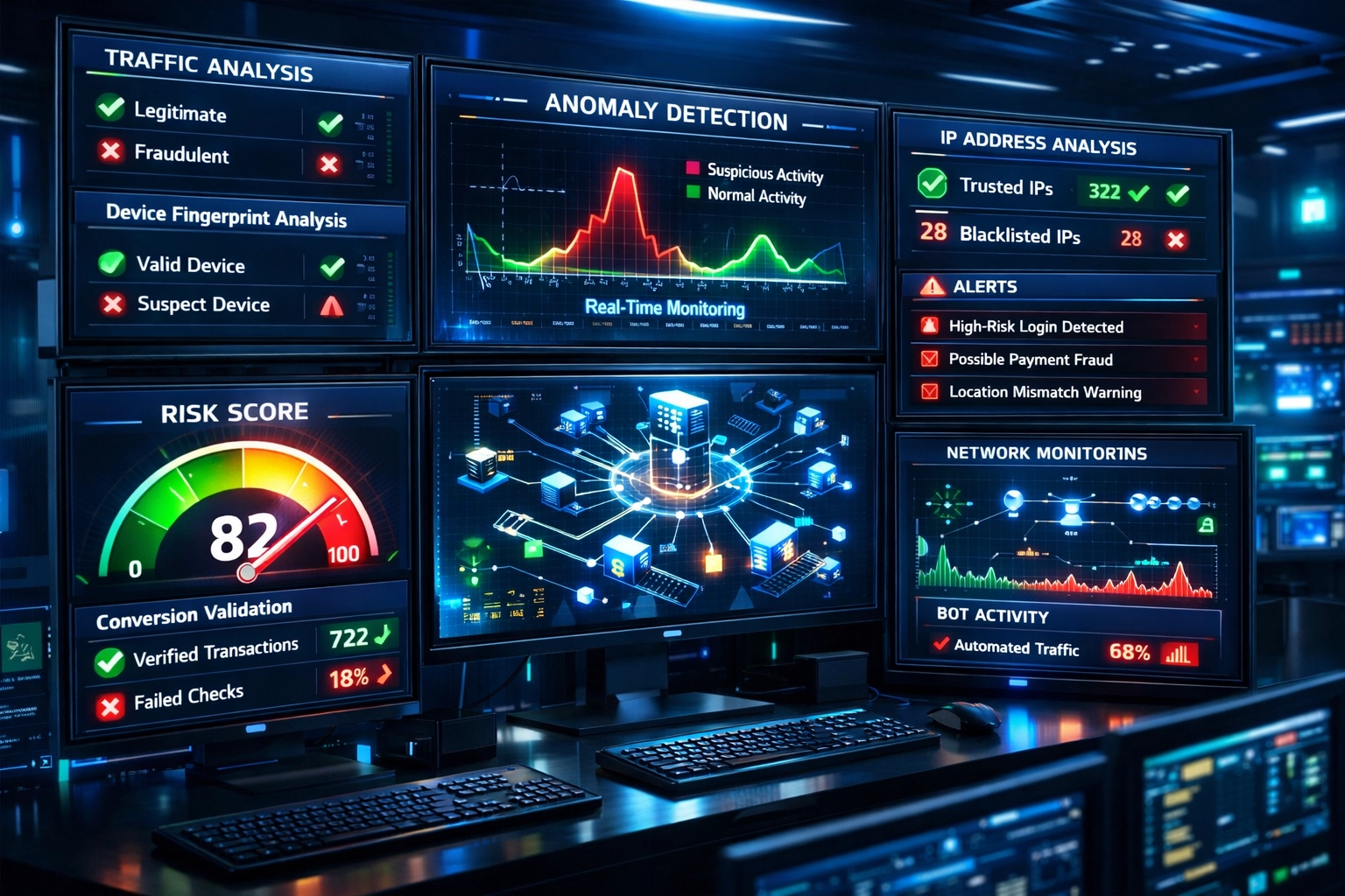 Panel de sistema de detección de fraude en tiempo real con métricas de monitoreo