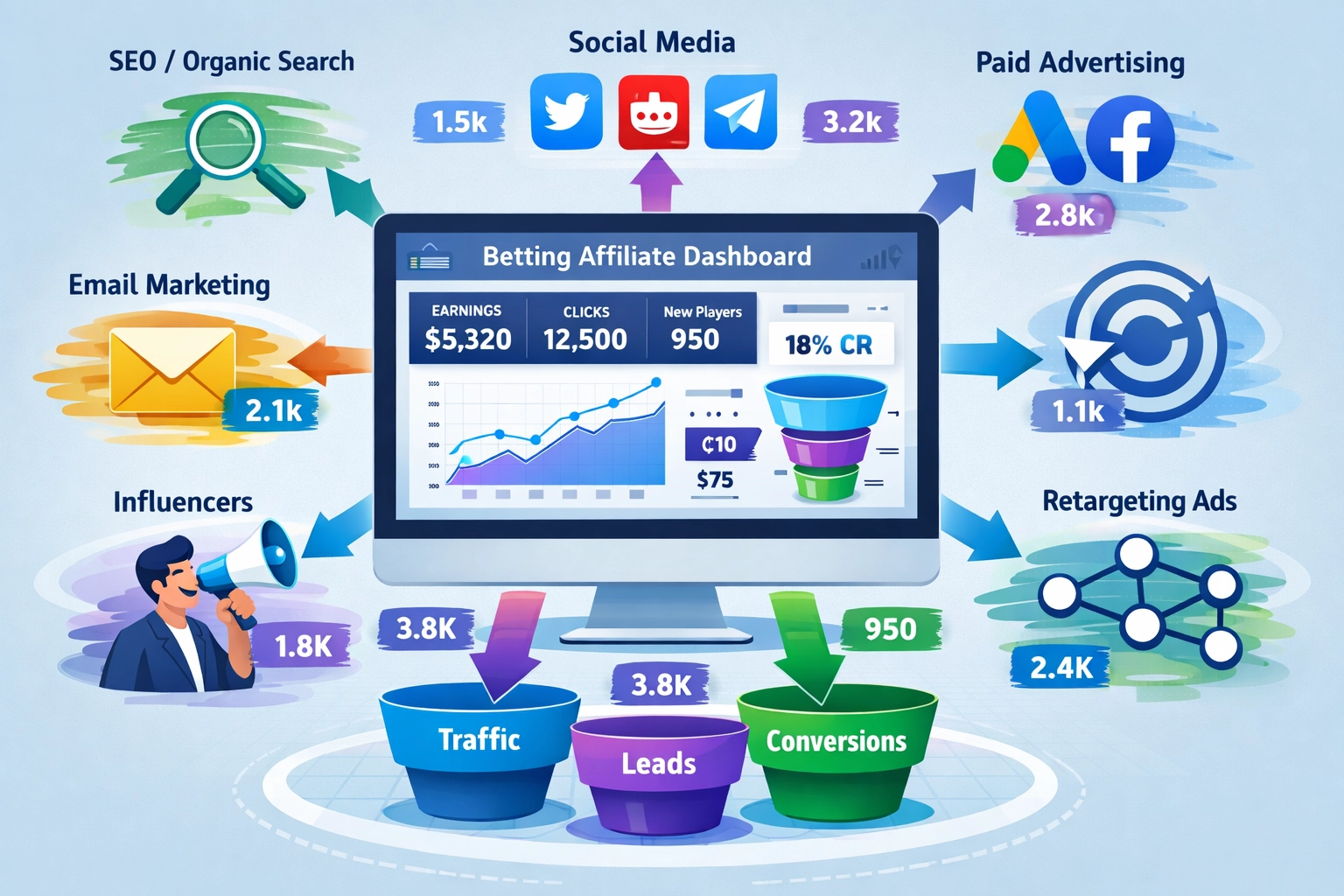 Múltiples canales de tráfico fluyendo hacia el panel de afiliado de apuestas