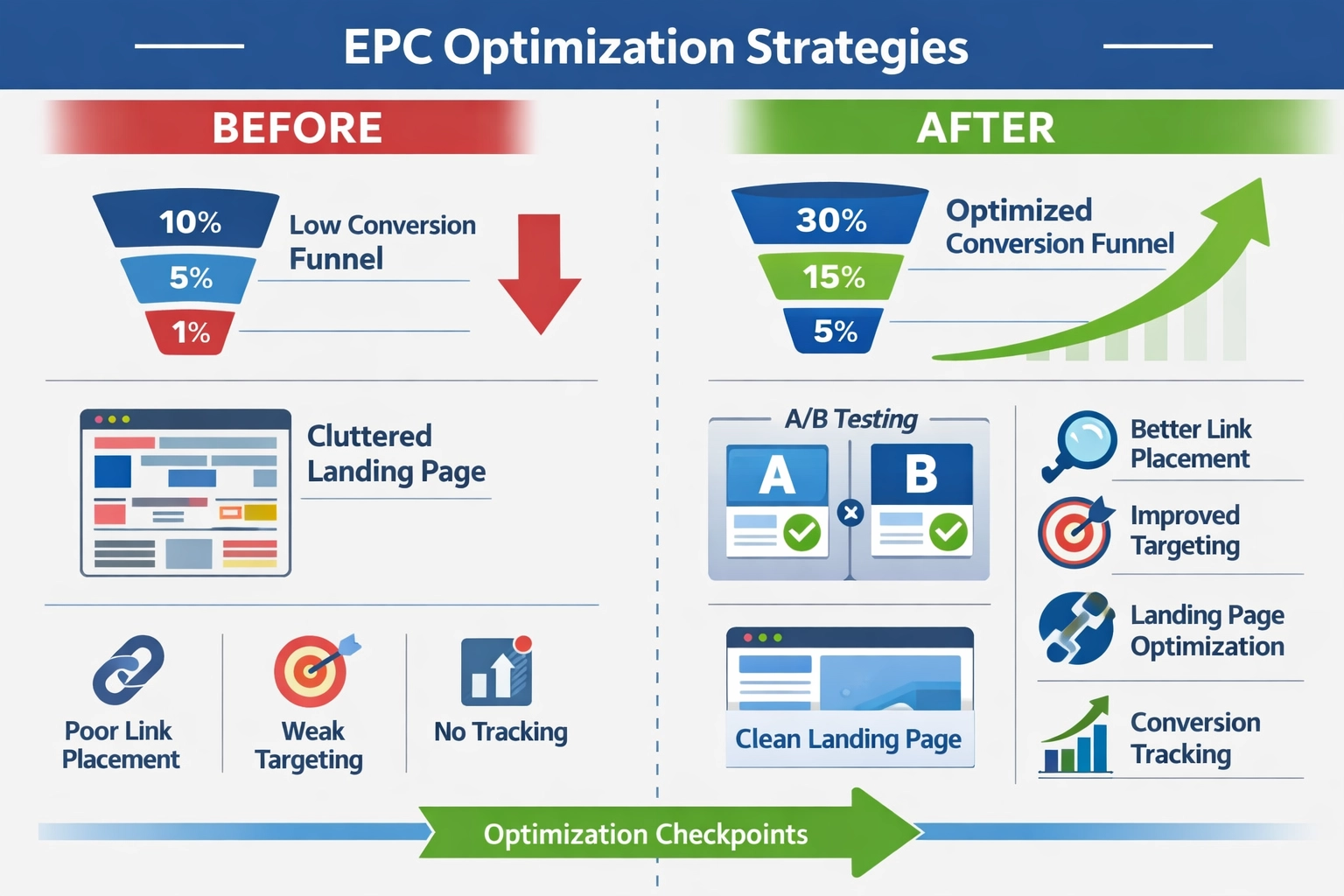 Estrategias de optimización del EPC mostrando comparación antes/después