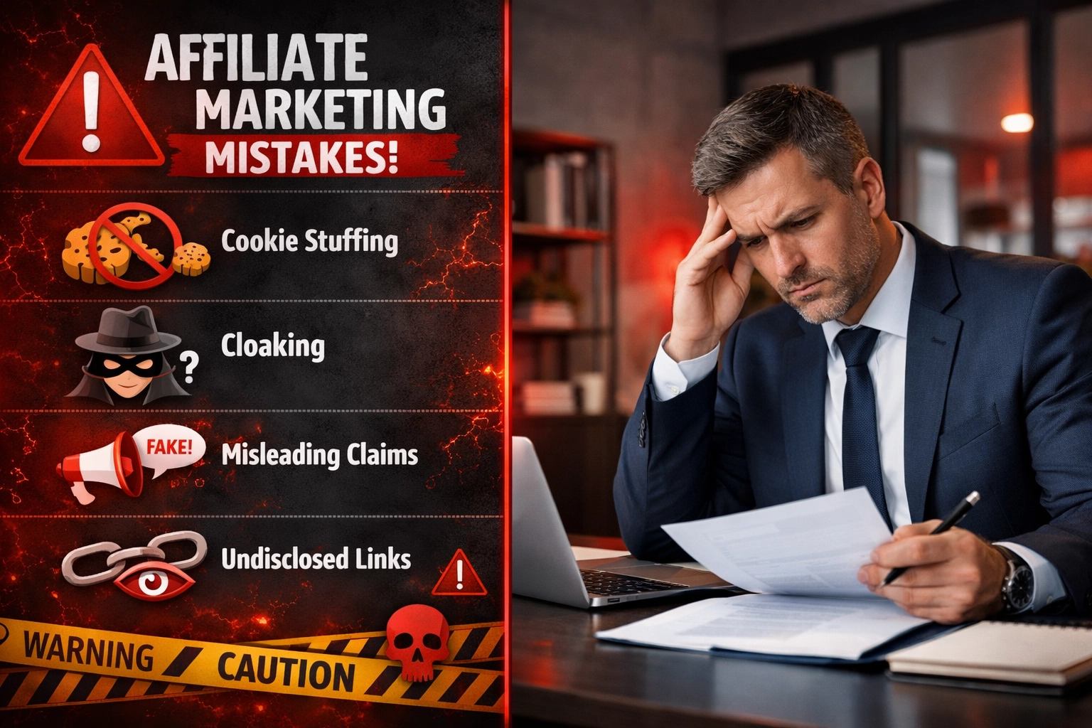 Professional warning and caution themed image about affiliate marketing mistakes