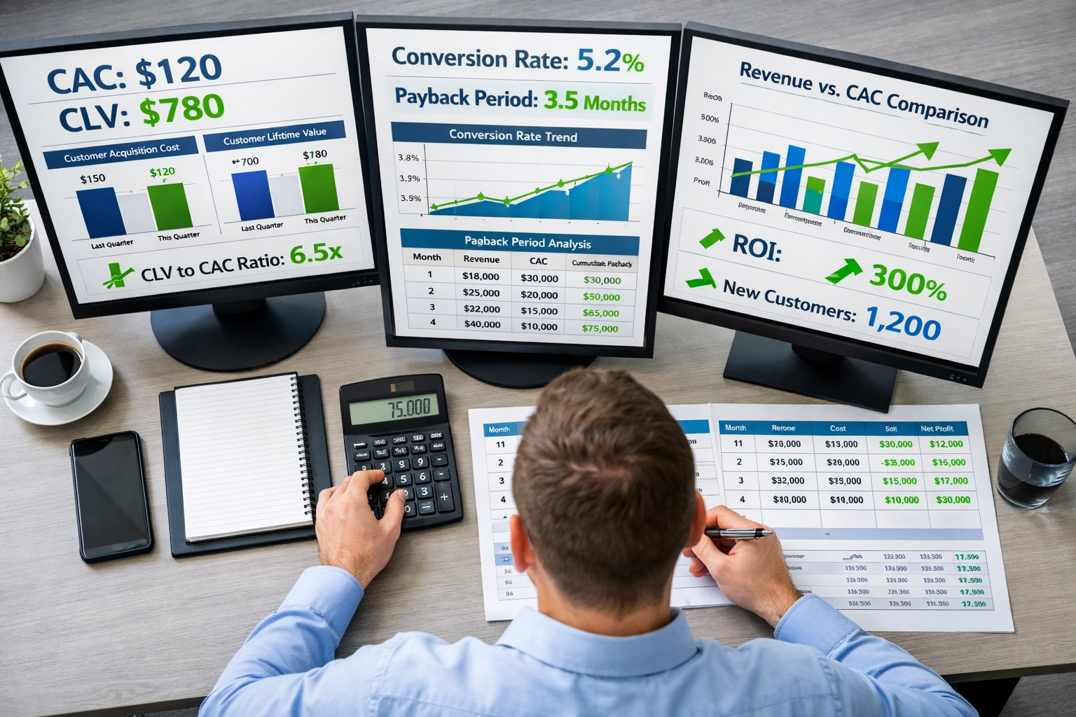 Analista de datos revisando métricas y analíticas de adquisición de clientes