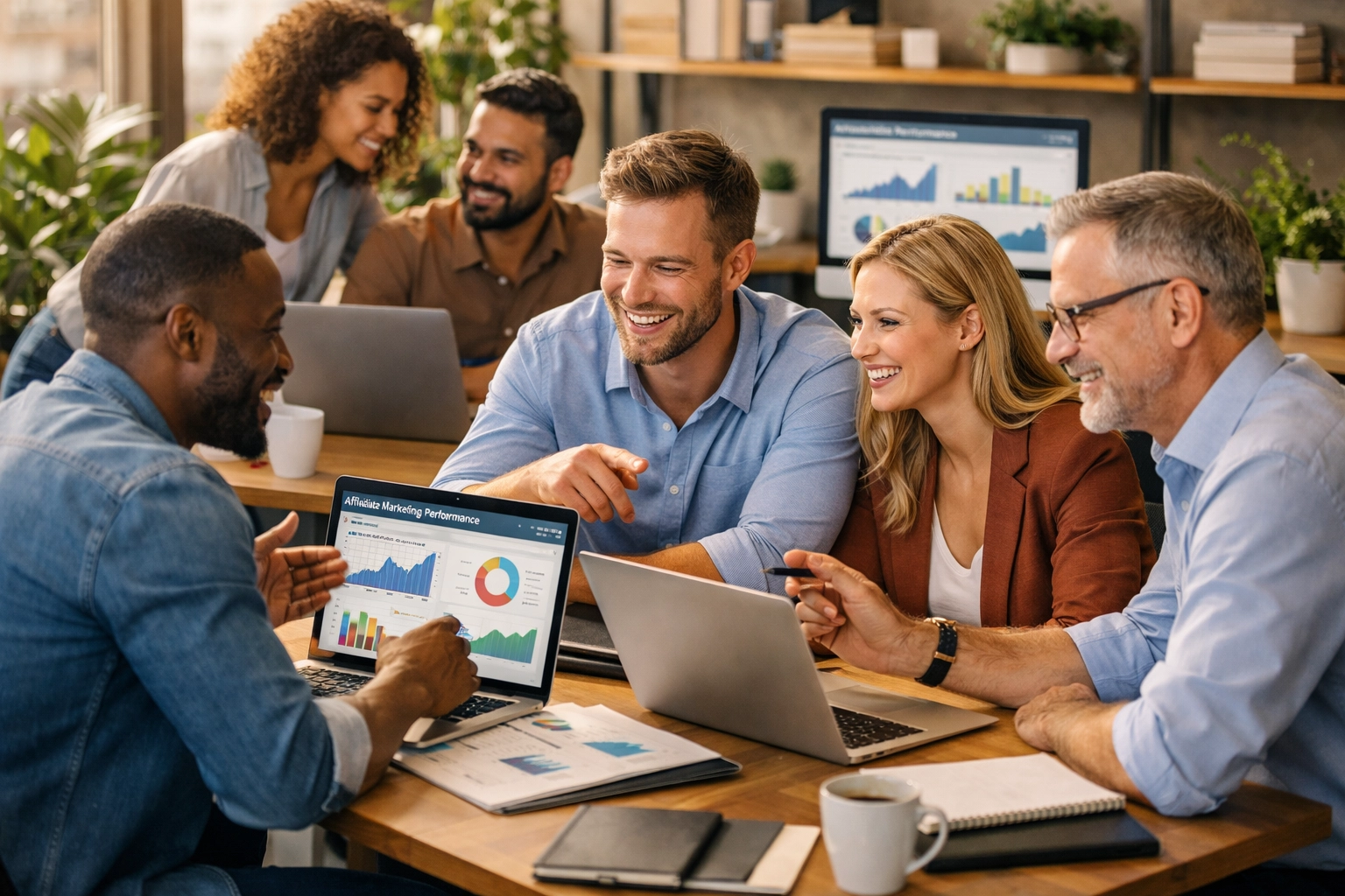 Equipo profesional de marketers afiliados diversos colaborando en una oficina moderna