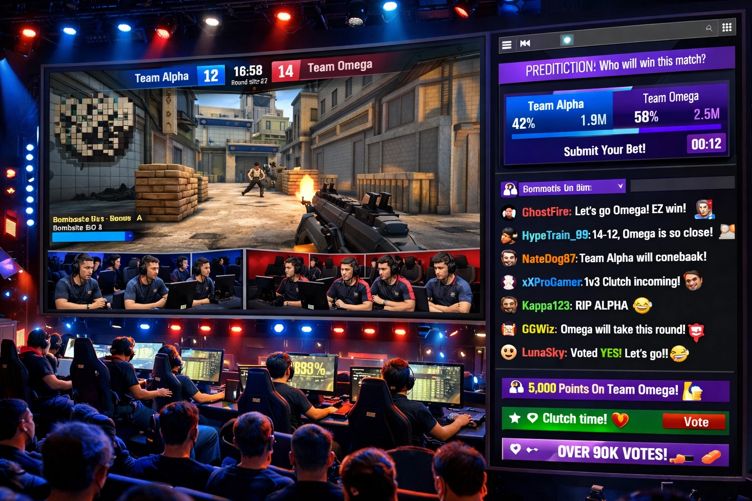 Interacción en el chat de Twitch durante torneo de esports con predicciones y encuestas en vivo