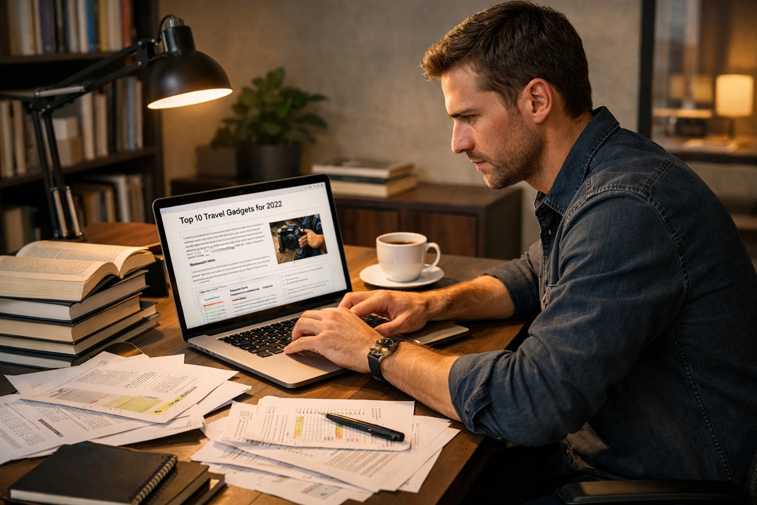 Creador de contenido trabajando en contenido de afiliado de calidad con materiales de investigación