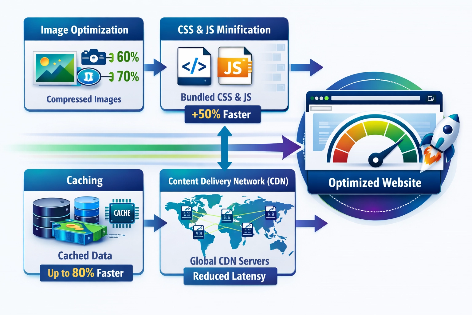 Infografía de técnicas de optimización de velocidad web mostrando compresión de imágenes, caché, CDN y agrupación de archivos