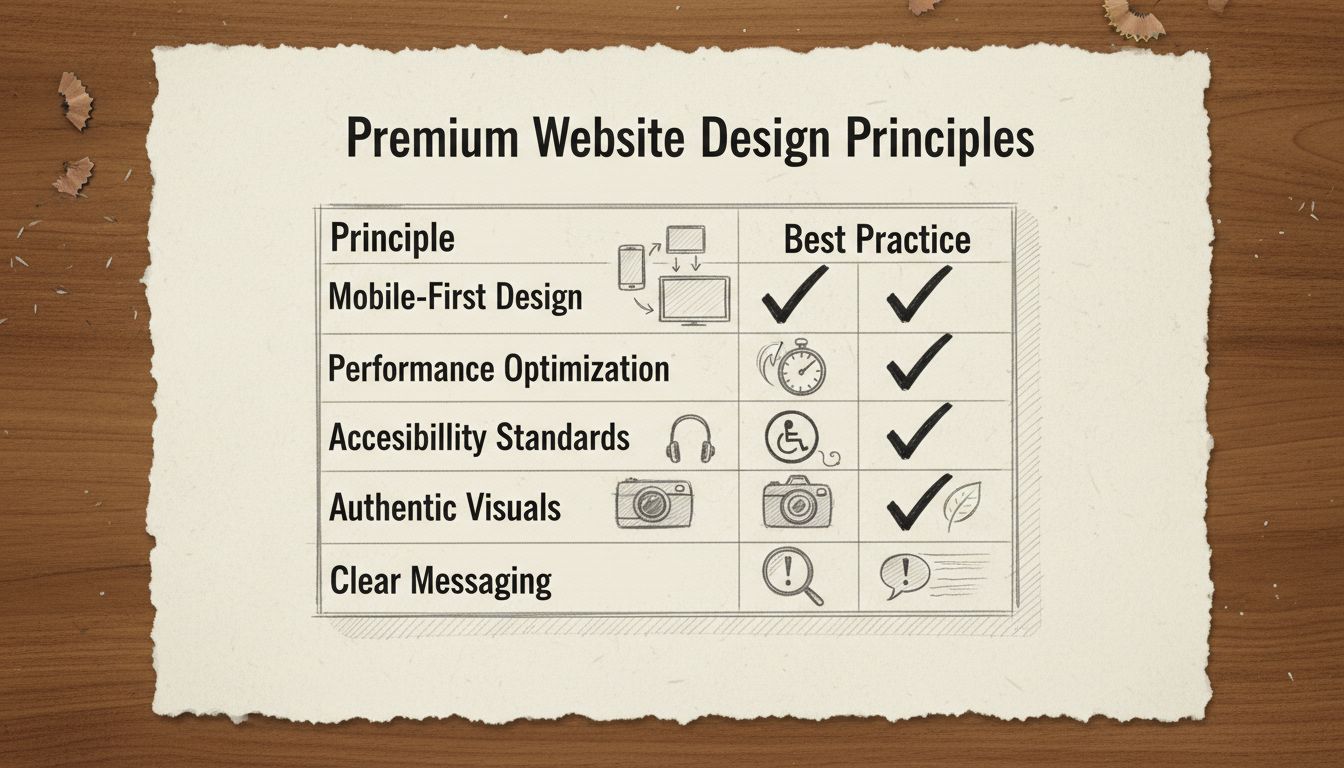 Comparación de principios de diseño de sitio web premium mostrando mejores prácticas y errores comunes