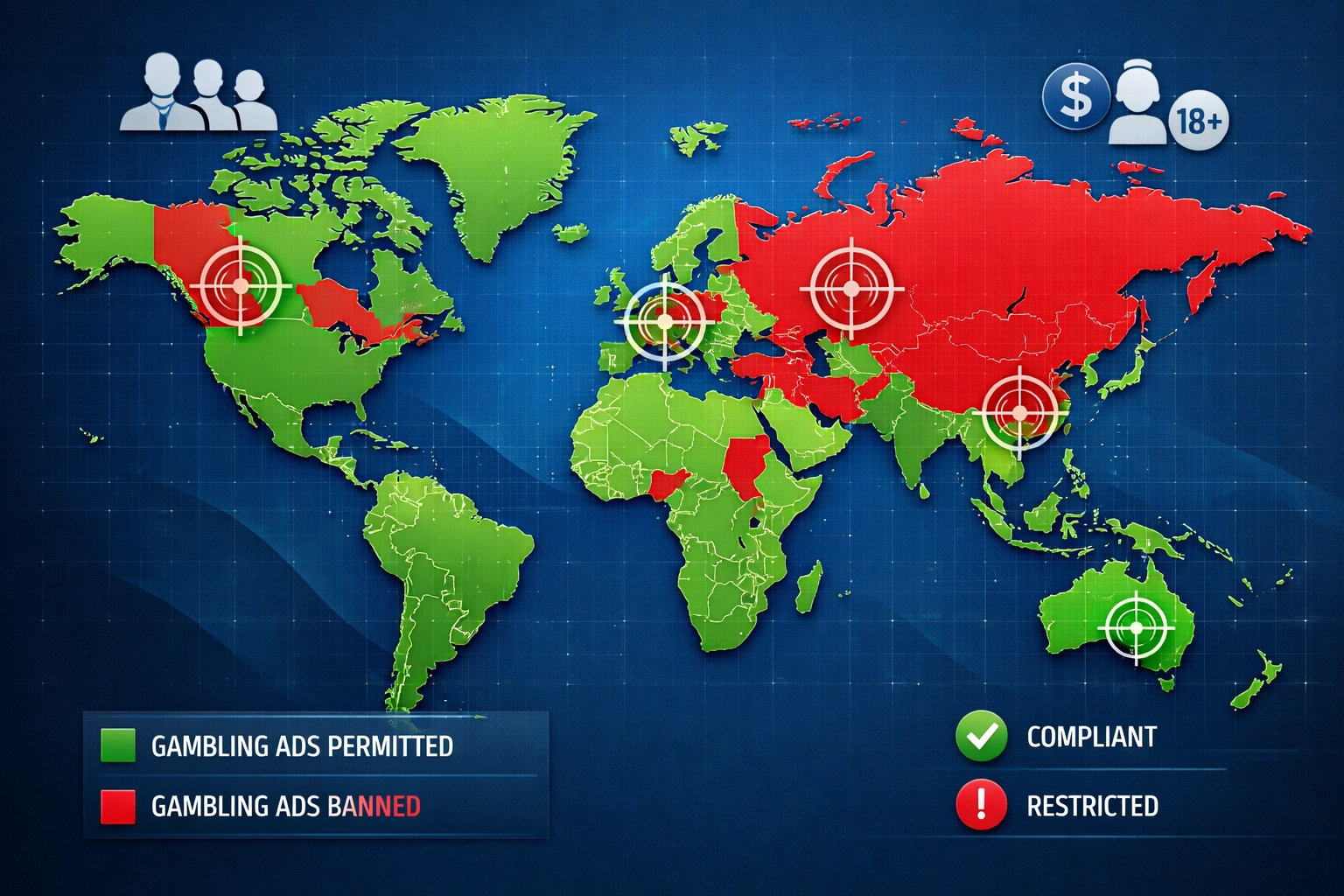 Visualización de mapa mundial mostrando regulaciones de anuncios de juegos de azar por región con zonas de cumplimiento codificadas por color e indicadores de segmentación
