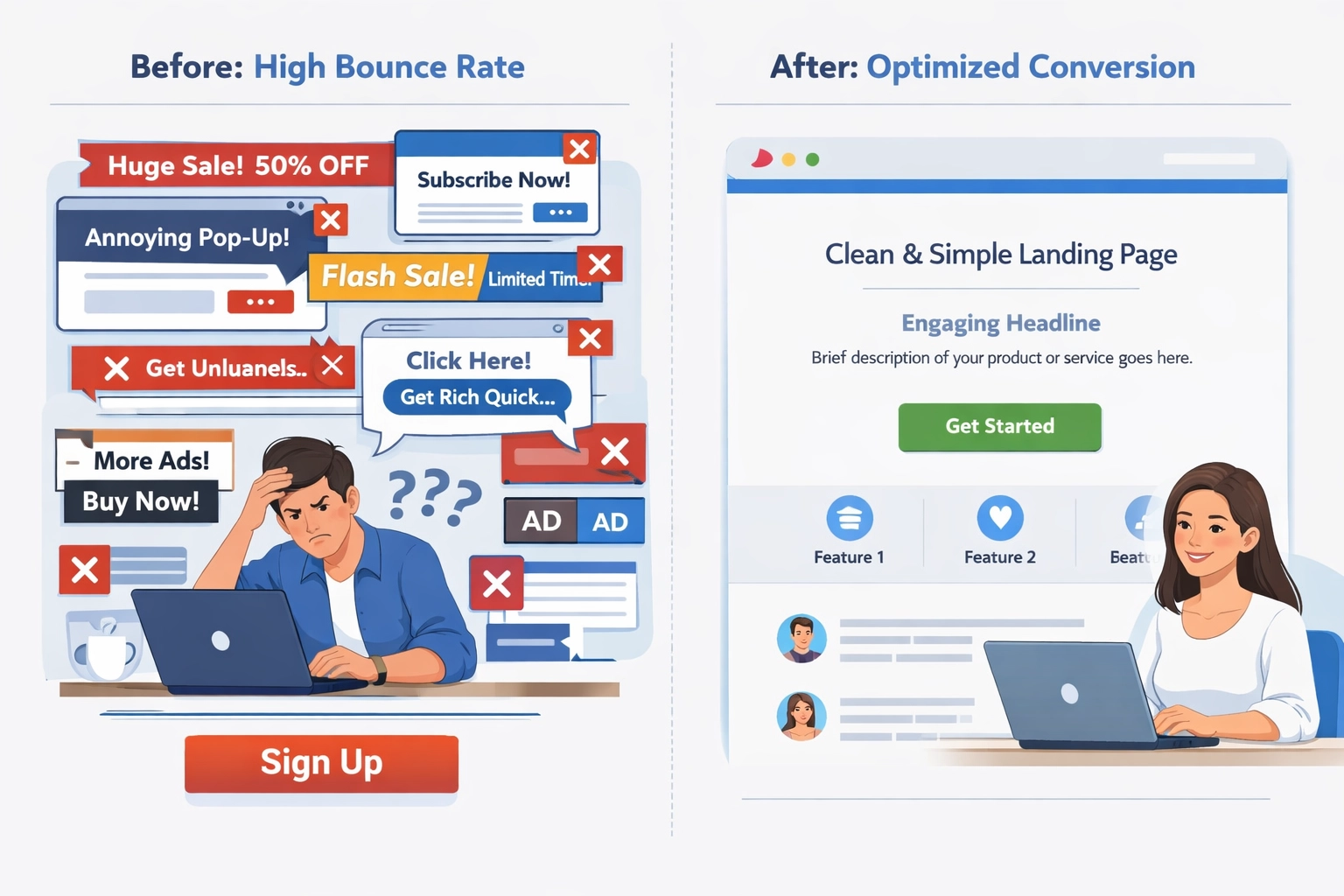 Comparison of cluttered vs clean landing page design