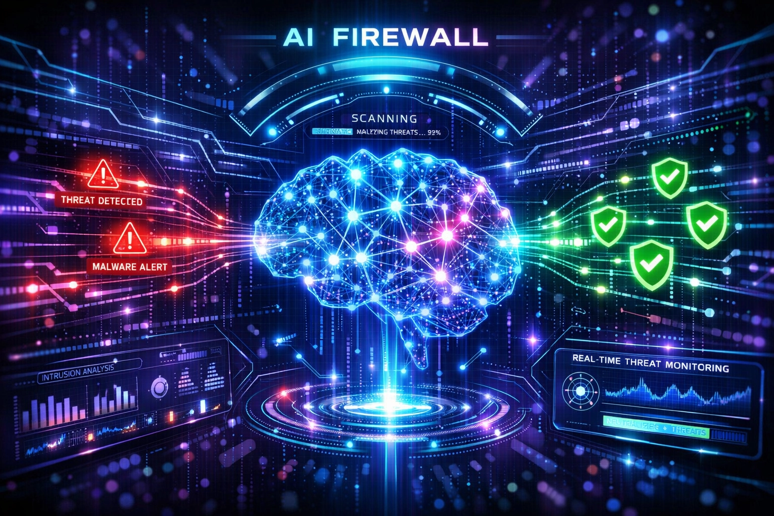 AI-powered firewall visualization showing machine learning threat detection and neural network analysis