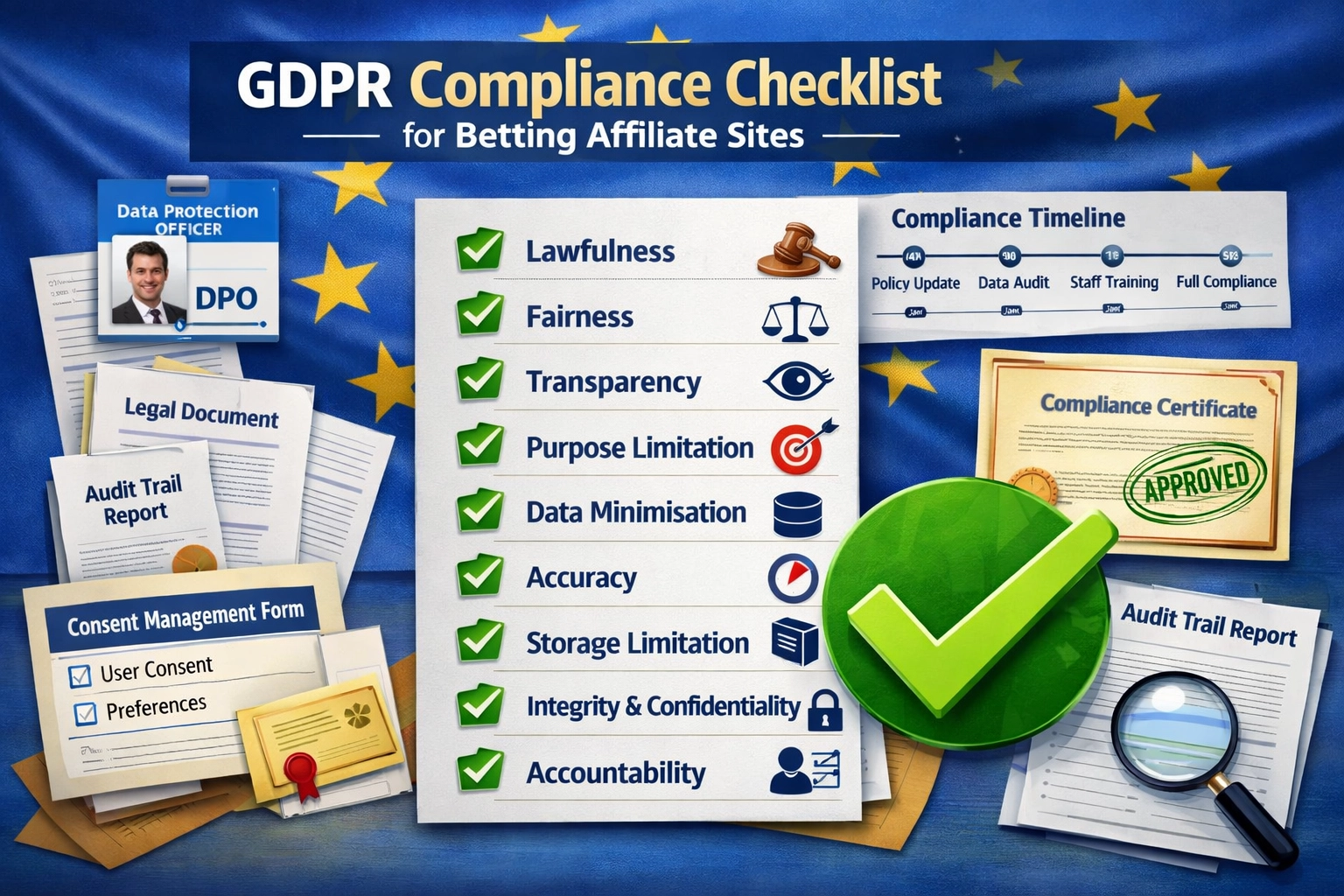 GDPR compliance checklist with EU flag and compliance badges