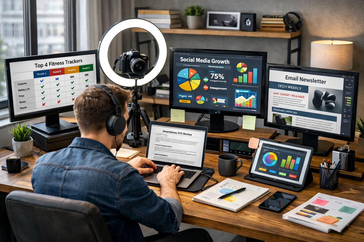 Creador de contenido trabajando en múltiples formatos como reseñas, comparativas y tutoriales