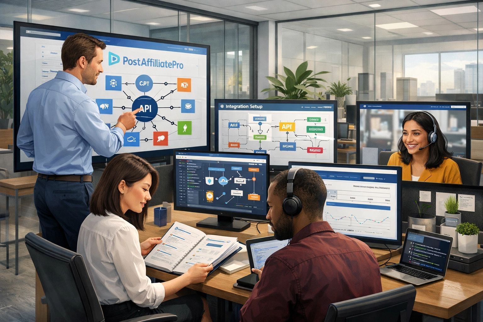 El equipo especialista de PostAffiliatePro gestionando la configuración del servicio de integración completa