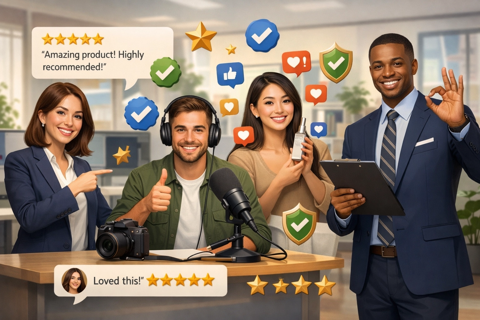 Diverse professionals and influencers endorsing products with trust symbols and credibility badges