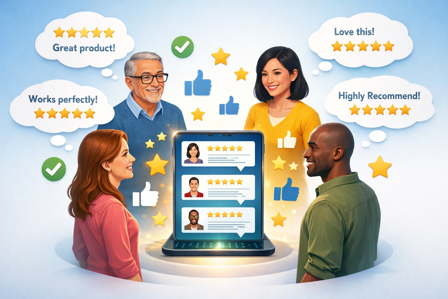 Psicología de la prueba social mostrando a personas diversas tomando decisiones basadas en experiencias positivas de otros