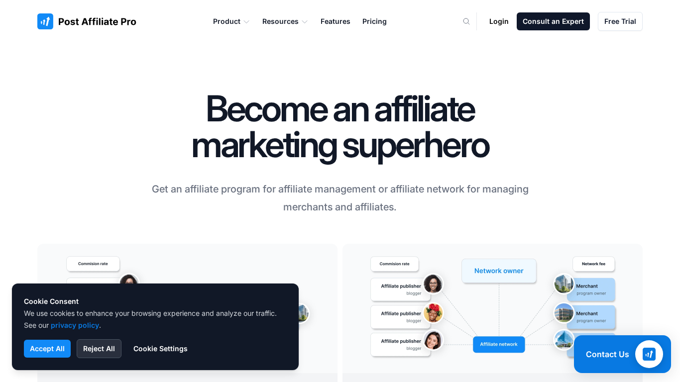 Panel de PostAffiliatePro mostrando la interfaz de configuración en la misma página