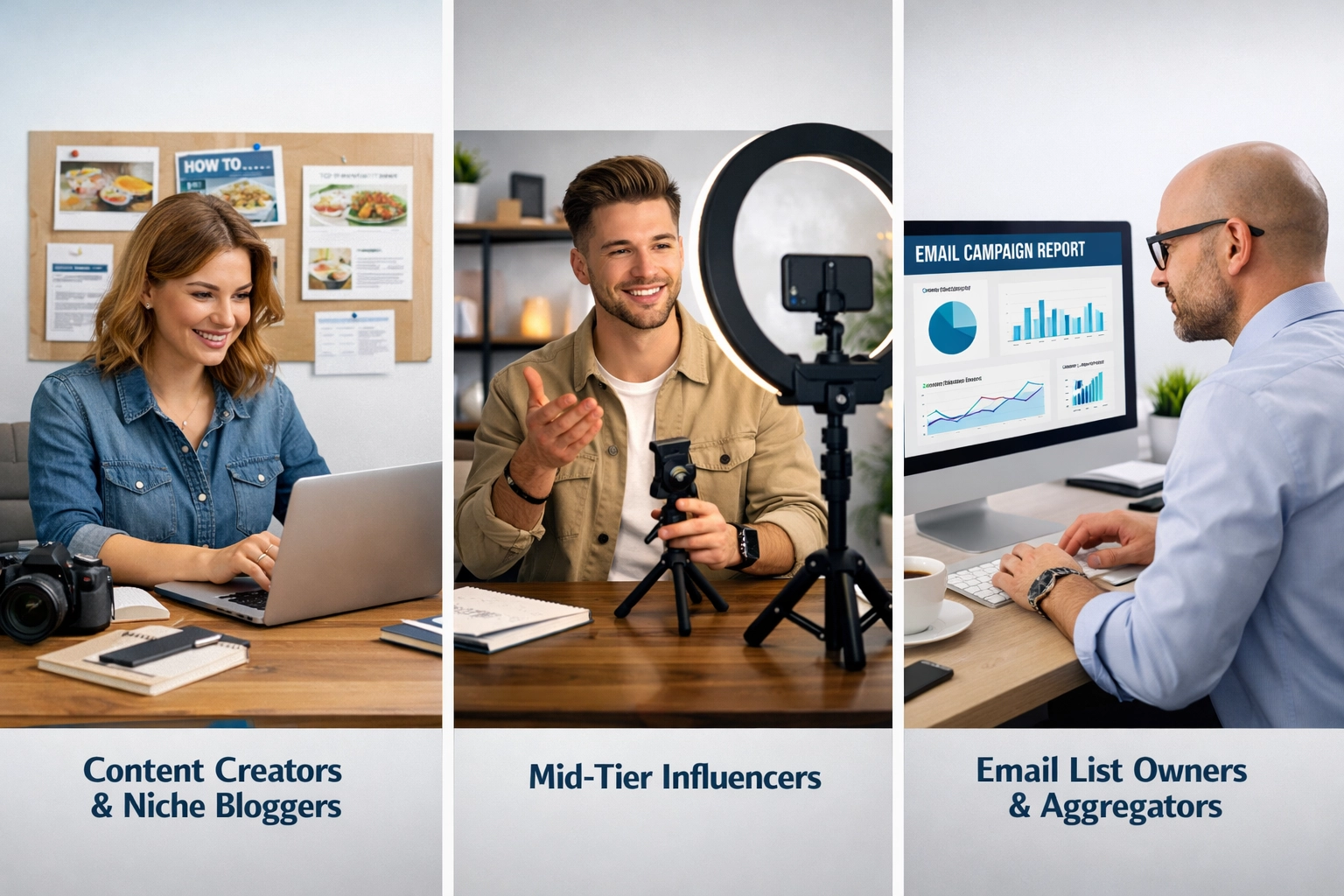 Tres tipos de socios de afiliados: bloguero, influencer y email marketer
