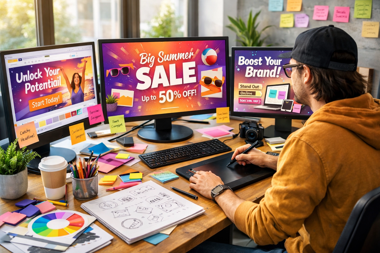 Espacio creativo de creación de contenido con herramientas de diseño y materiales para brainstorming