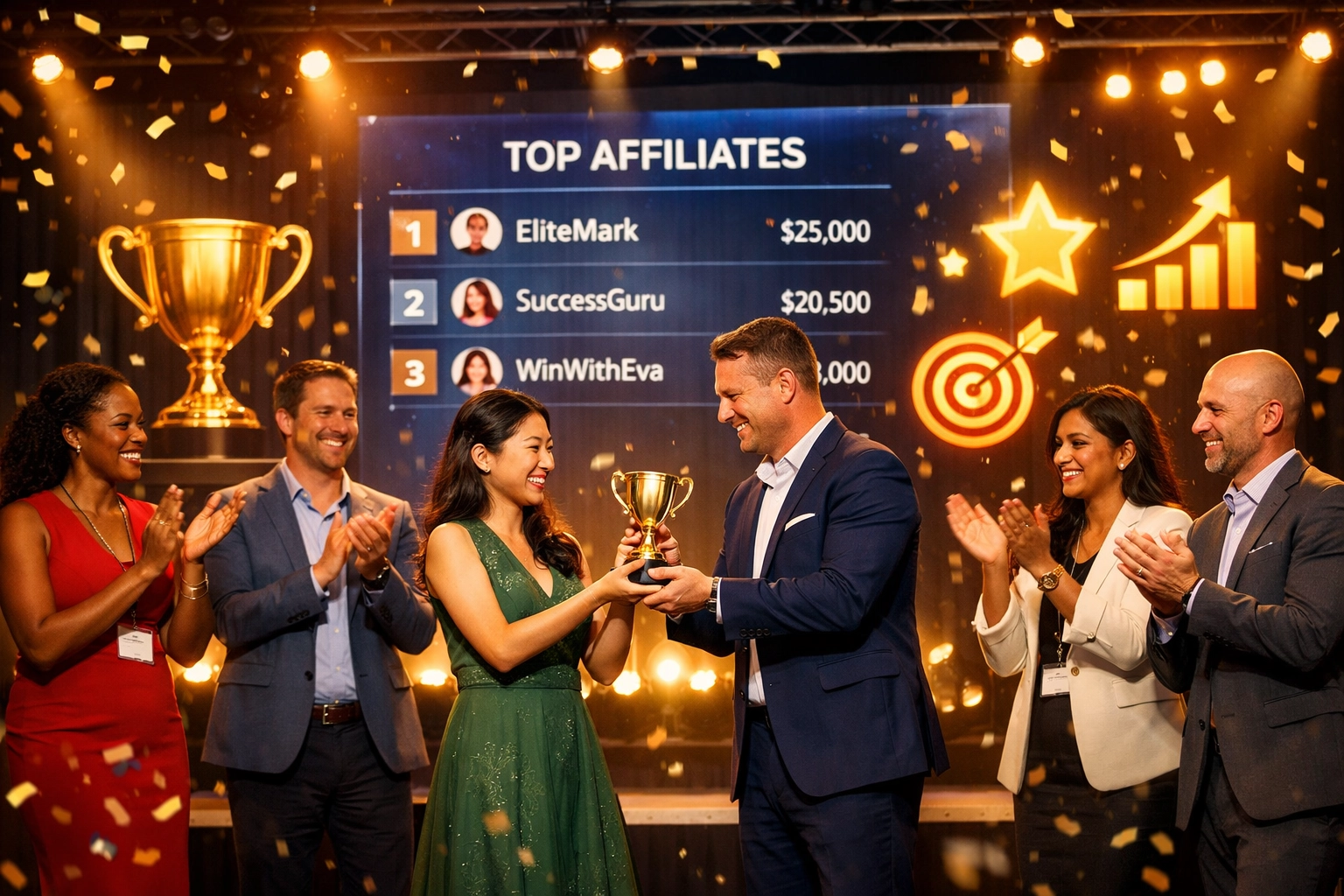 Evento de reconocimiento y celebración de logros de afiliados con grupo diverso celebrando el éxito
