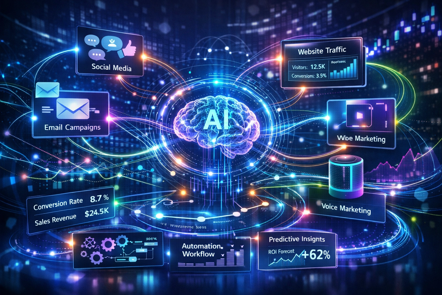 Ecosistema futurista de marketing de afiliados con IA, tecnologías integradas y automatización