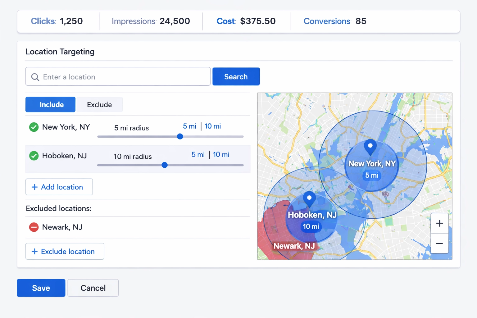 Digital advertising dashboard showing geotargeting campaign setup interface with location targeting controls