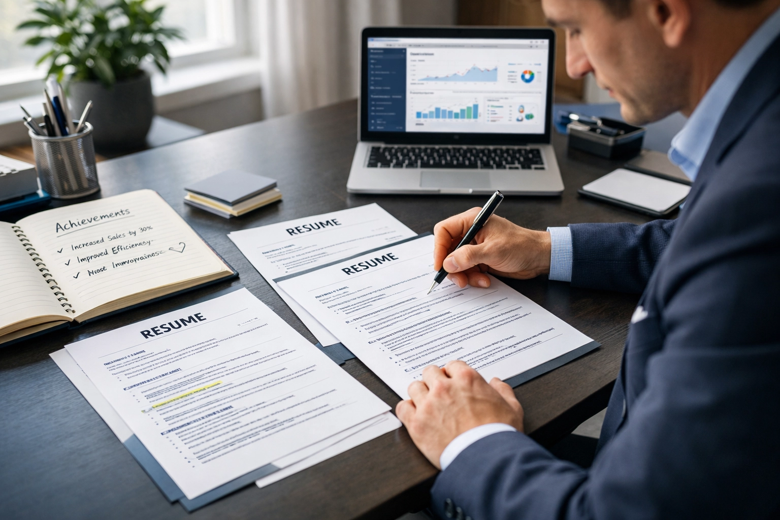 Professional documenting achievements and tracking metrics on resume