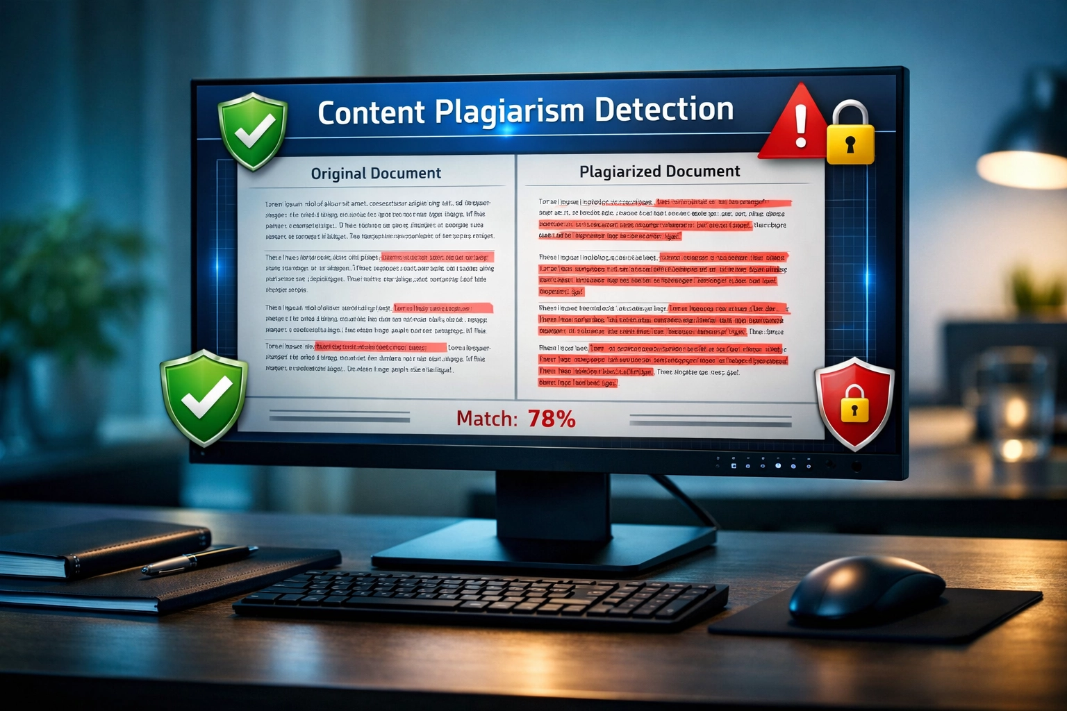 Plagiarism detection software showing content comparison and security analysis