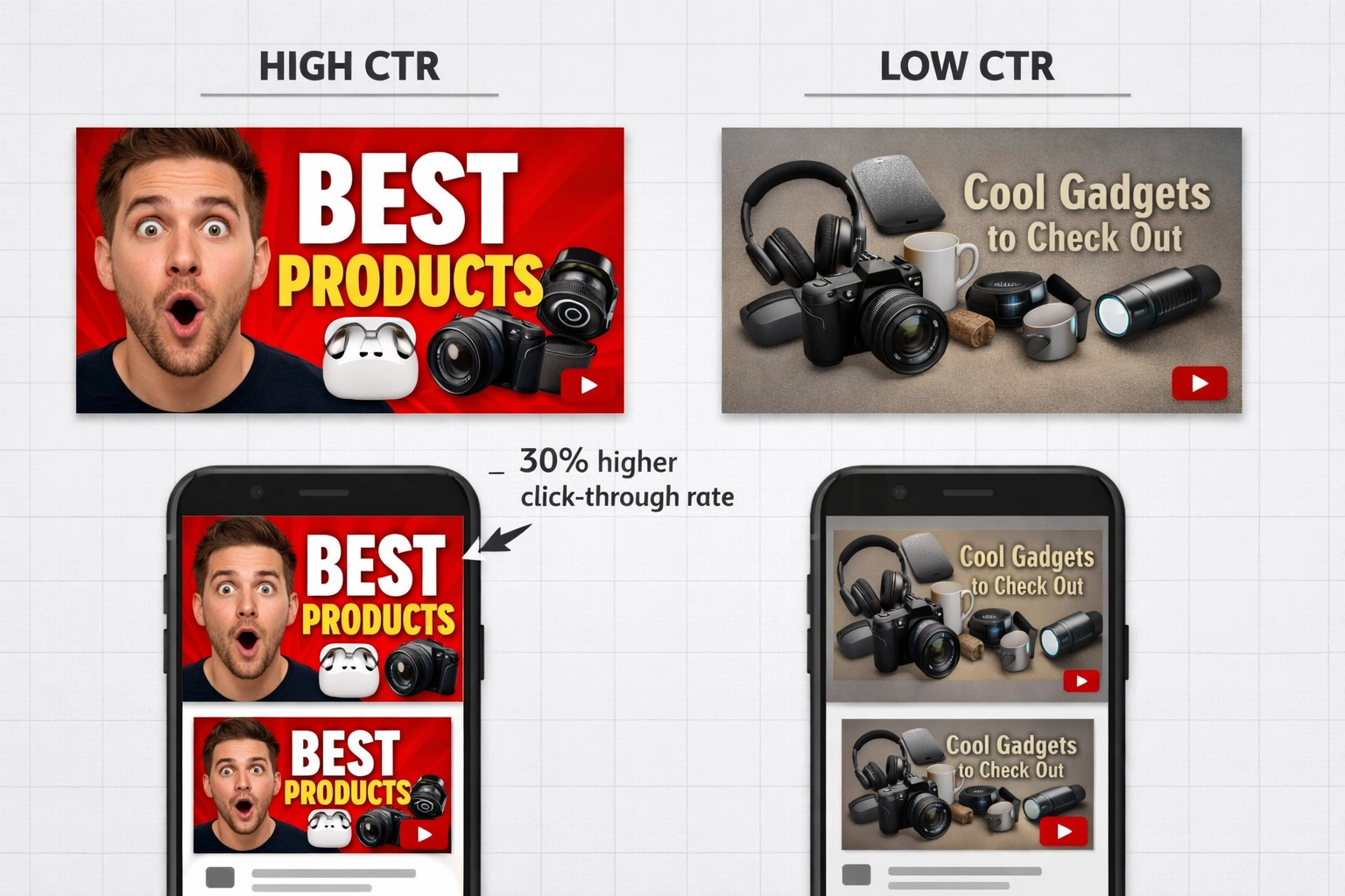 Comparación de miniaturas de video en YouTube de alta y baja conversión mostrando mejores prácticas de diseño