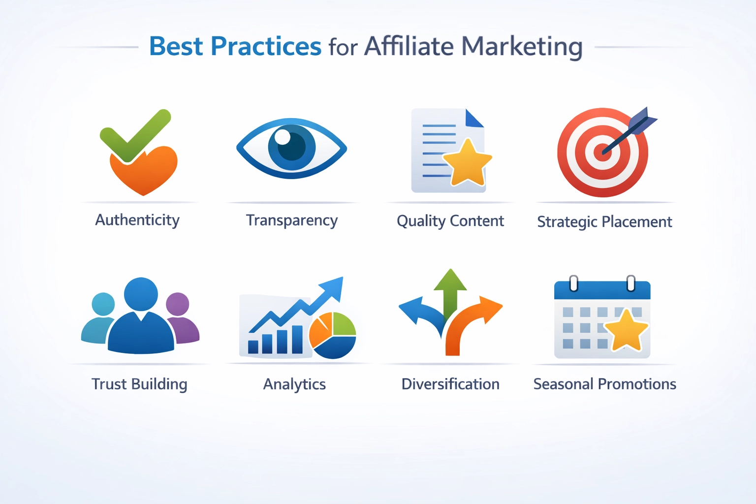 Eight best practices for affiliate marketing success illustrated as icons