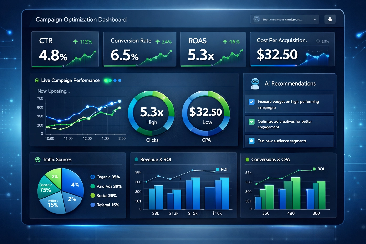 Panel de optimización en tiempo real con métricas de rendimiento y recomendaciones de IA