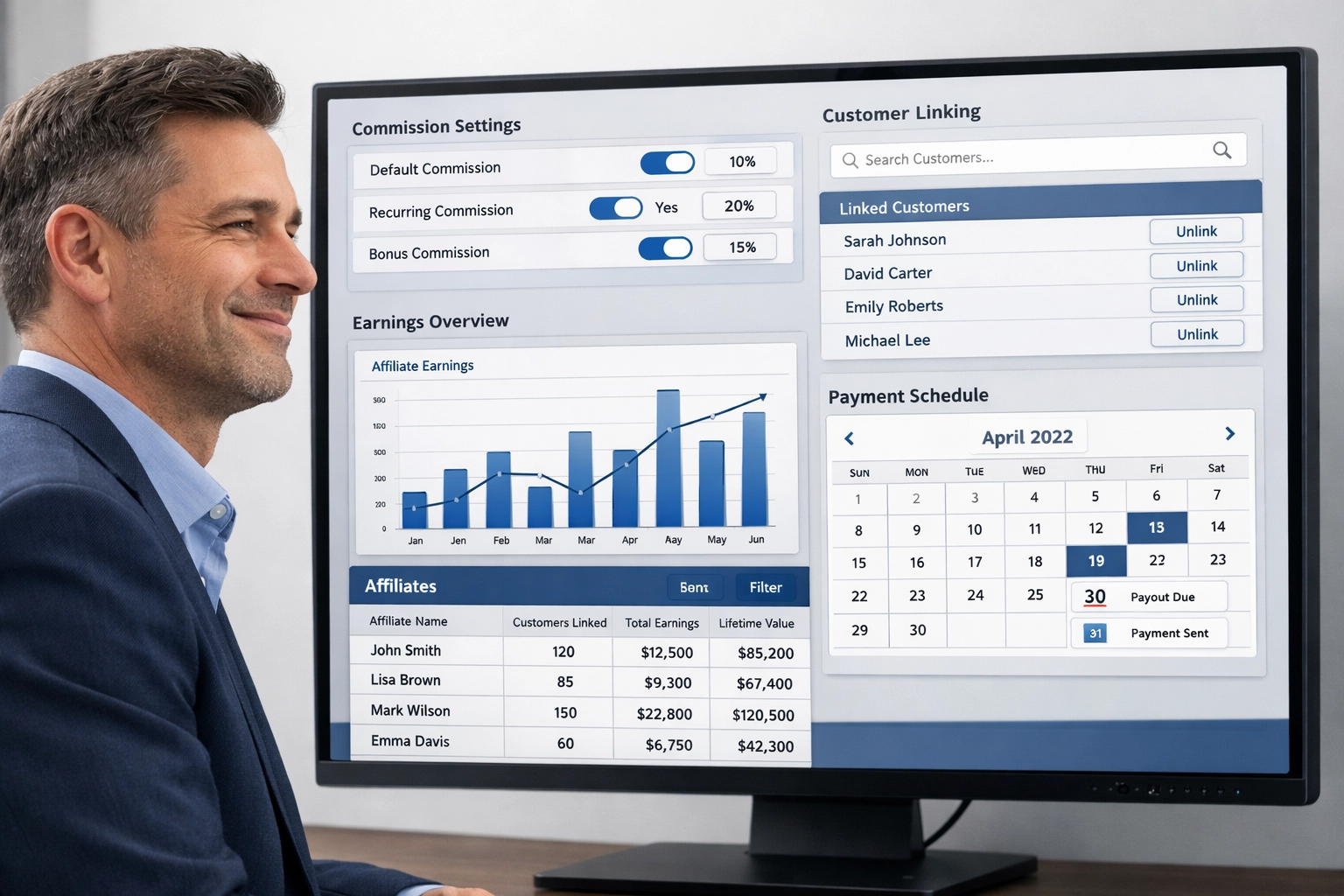 Affiliate program management dashboard showing commission settings and customer linking interface