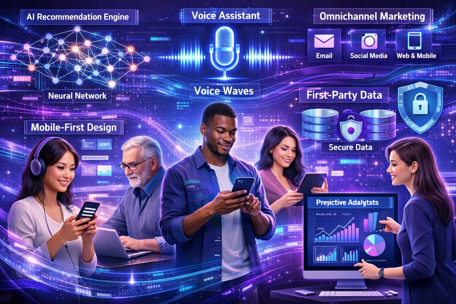 Paisaje futurista de marketing digital mostrando tecnologías emergentes de personalización, incluyendo IA, búsqueda por voz, diseño mobile-first y marketing omnicanal