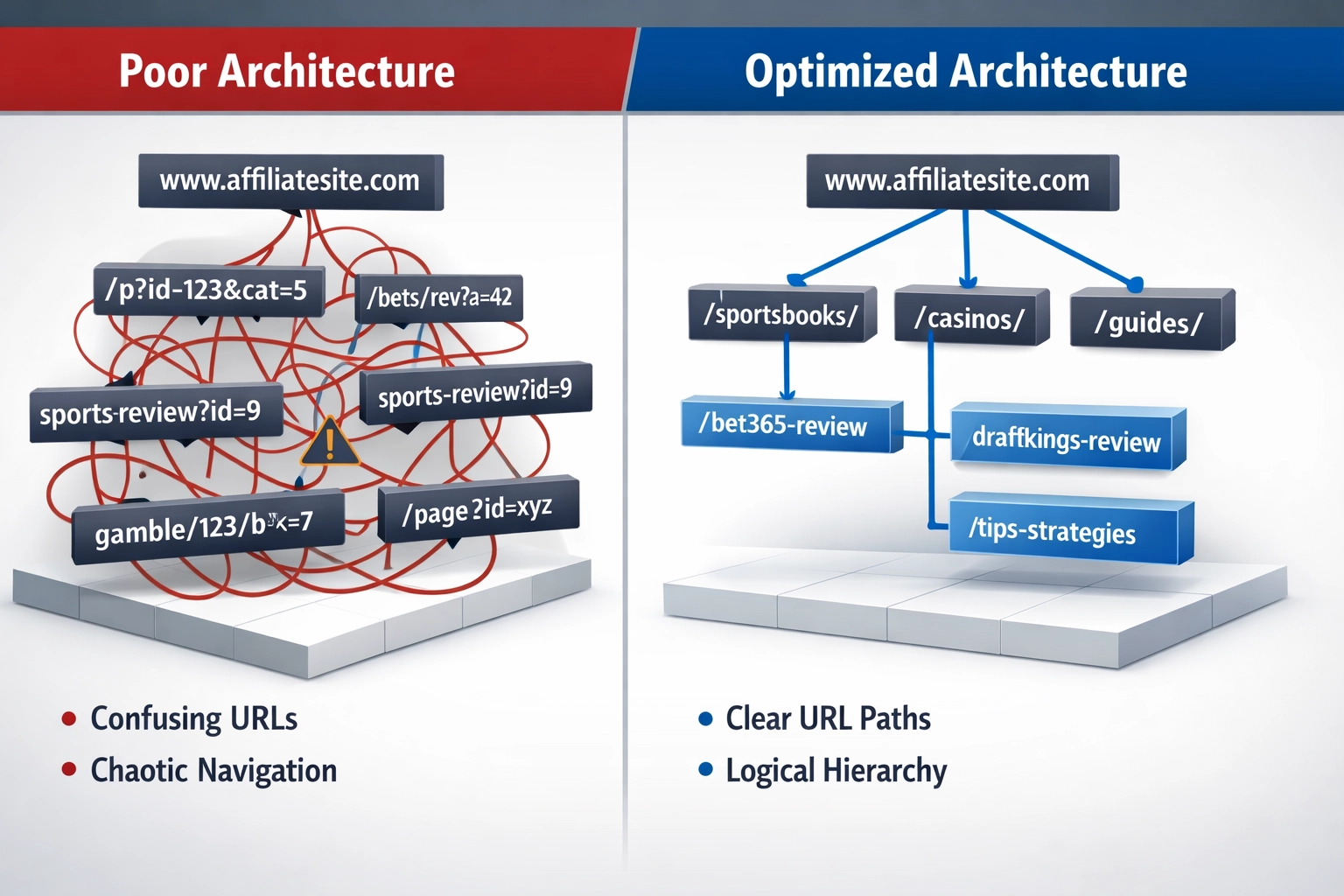 Comparación de mala vs arquitectura web optimizada para sitios de afiliados de apuestas