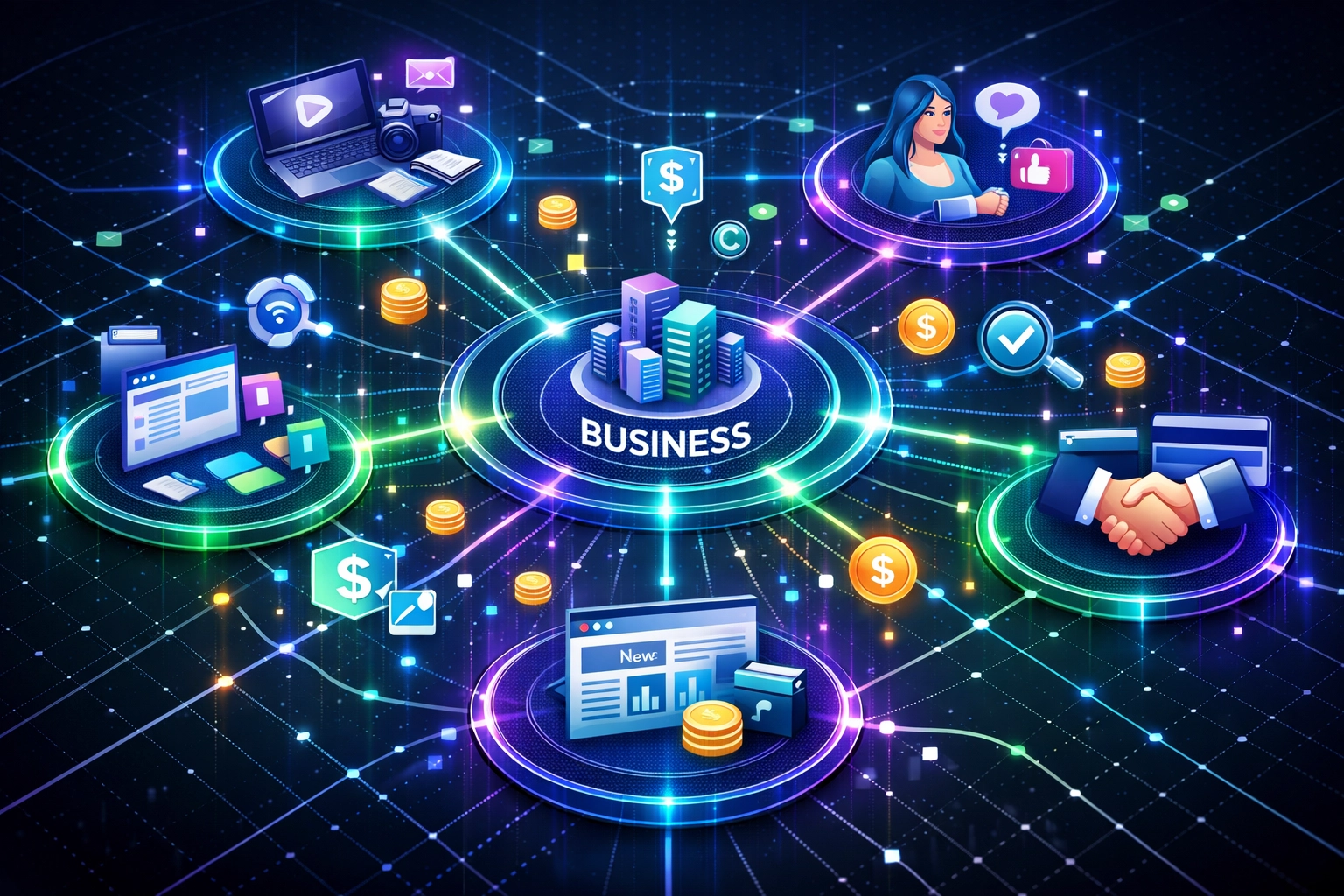 Ecosistema de red de afiliados mostrando socios conectados y flujo de datos