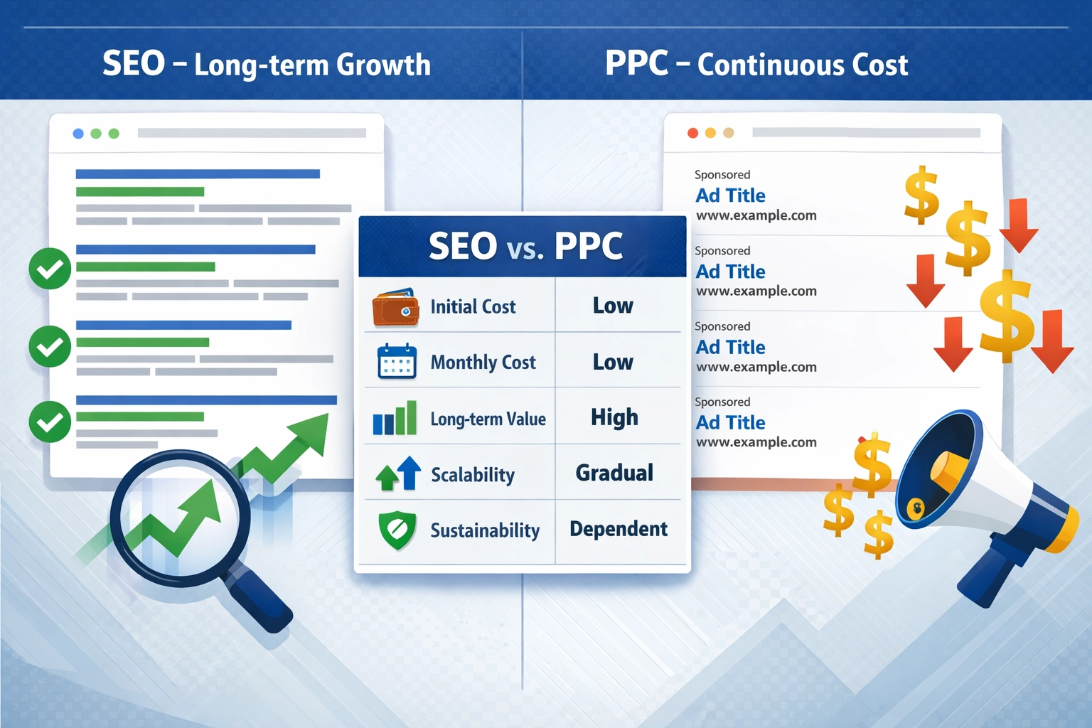 Infografía comparativa SEO vs PPC mostrando diferencias de costo y valor