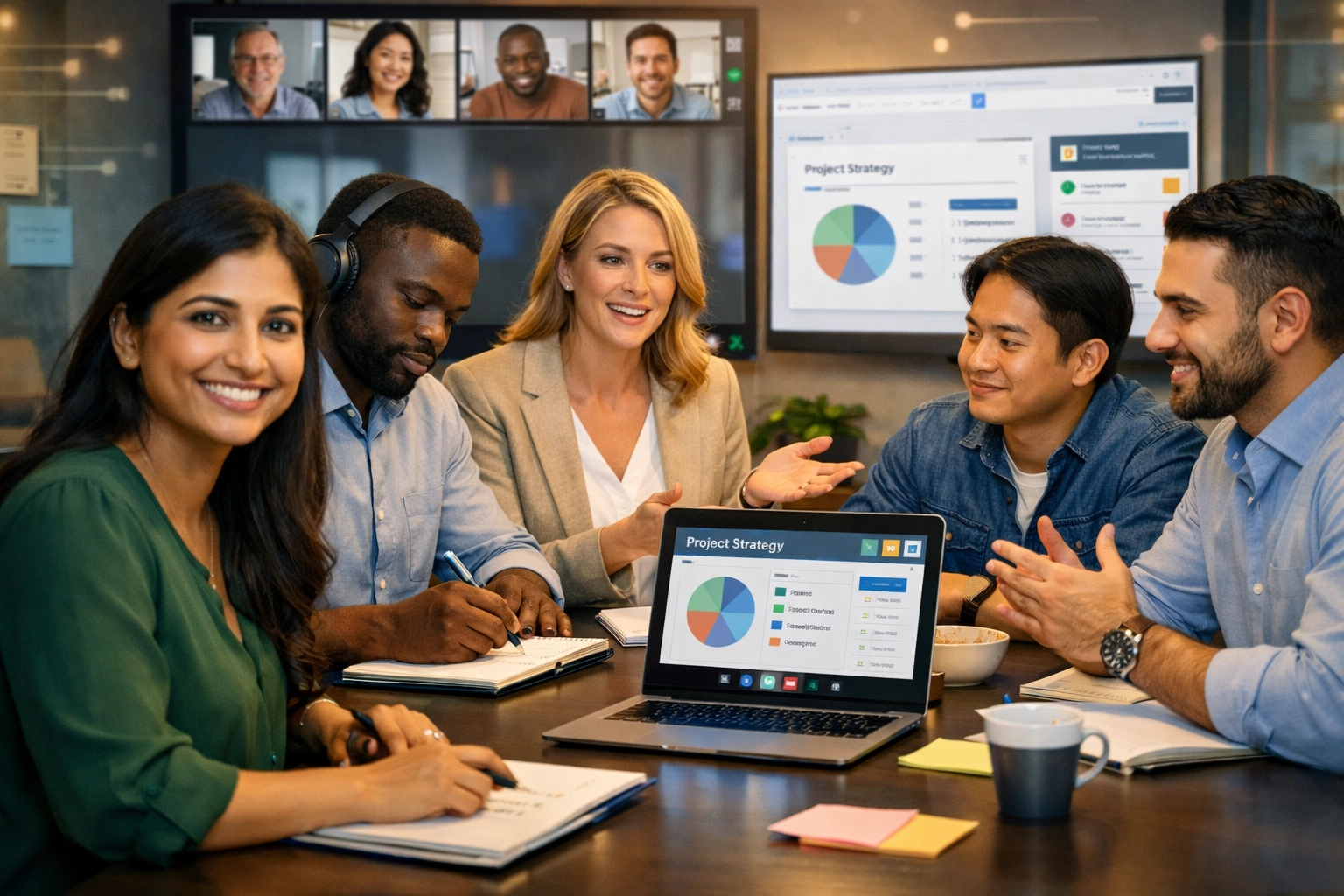 Socios afiliados diversos en una reunión virtual colaborativa involucrados en trabajo en equipo