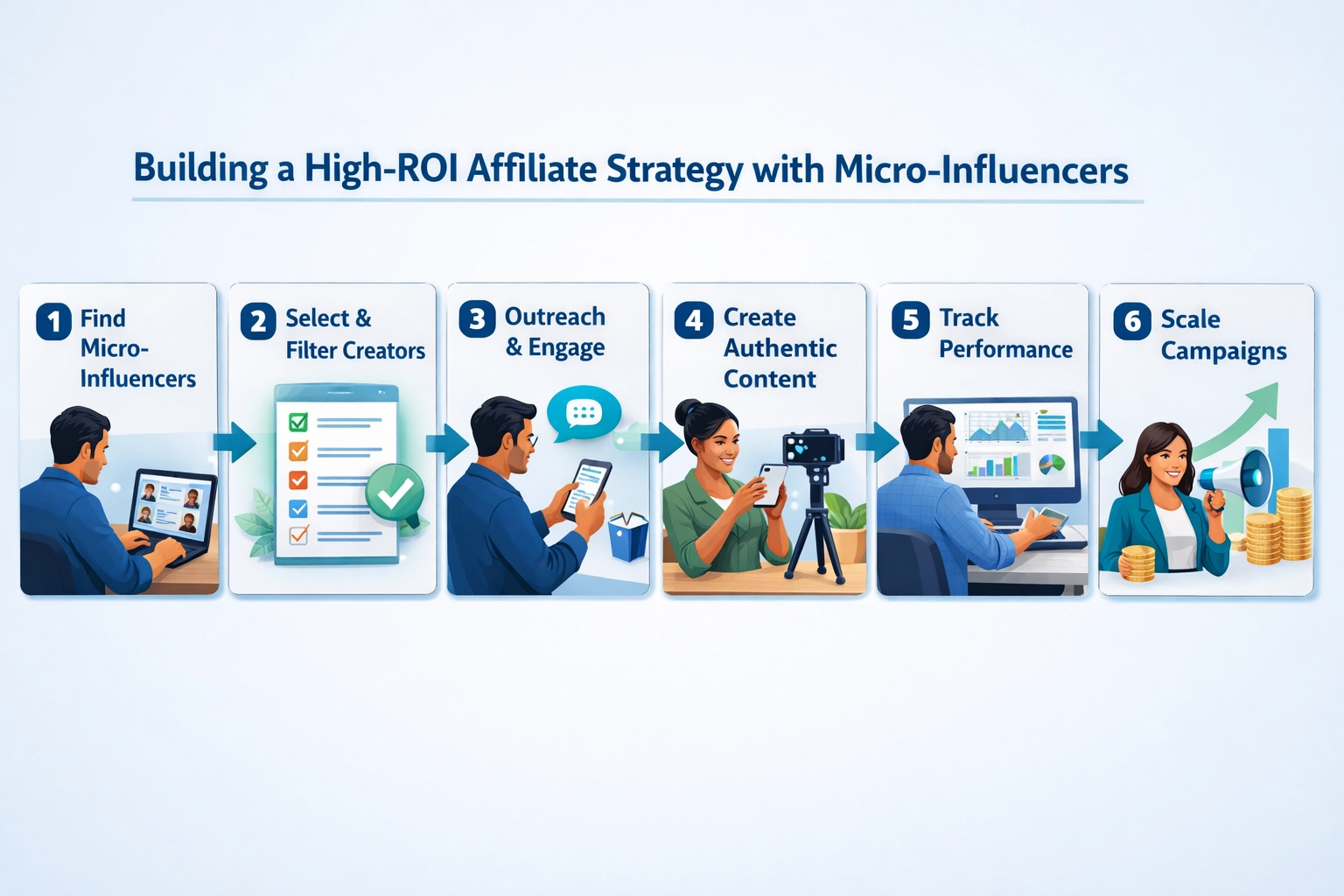 Flujo paso a paso mostrando el proceso para construir una estrategia de afiliados de alto ROI con microinfluencers