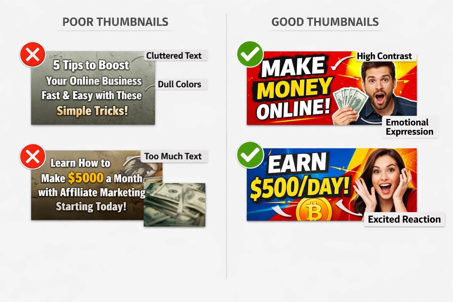 Comparación de diseño de miniatura de YouTube mostrando buenos y malos ejemplos con anotaciones