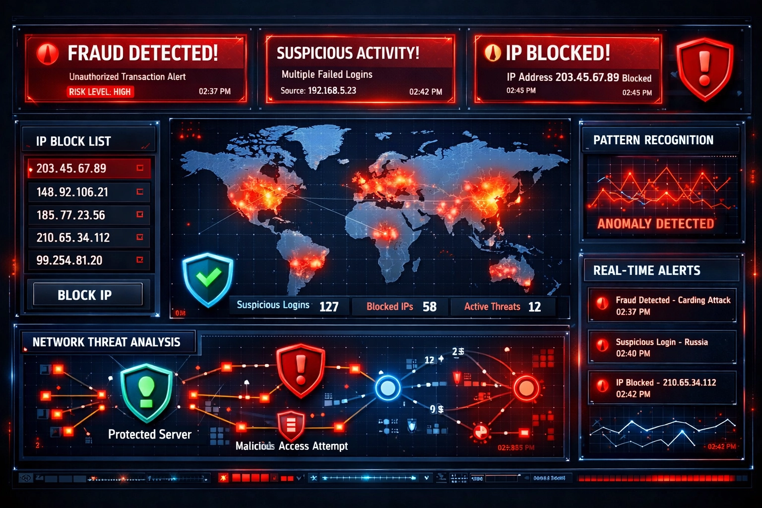 Panel avanzado de detección de fraudes con alertas en tiempo real y monitoreo de seguridad