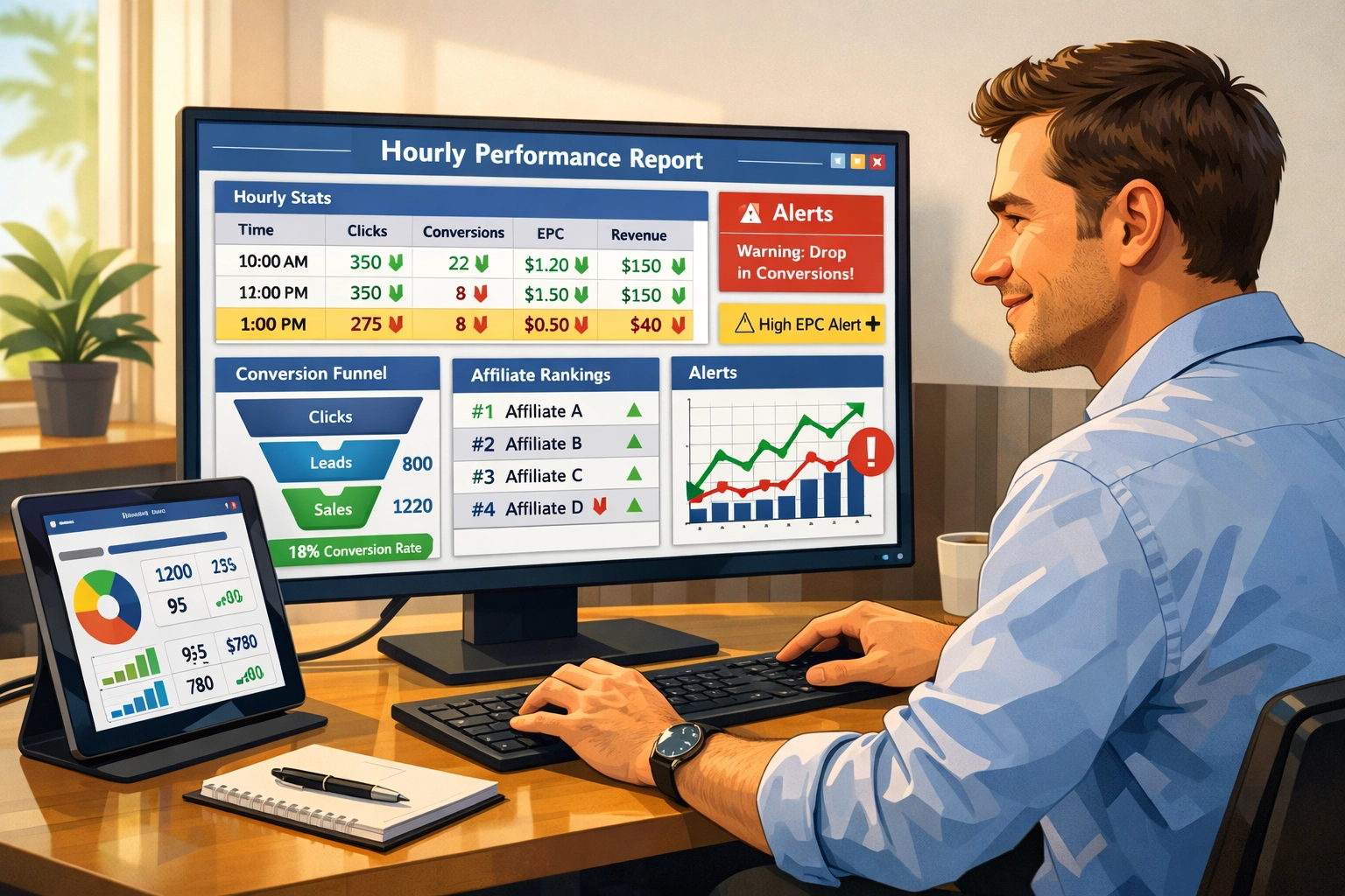 Gestor de afiliados analizando informes de rendimiento por hora en panel de computadora