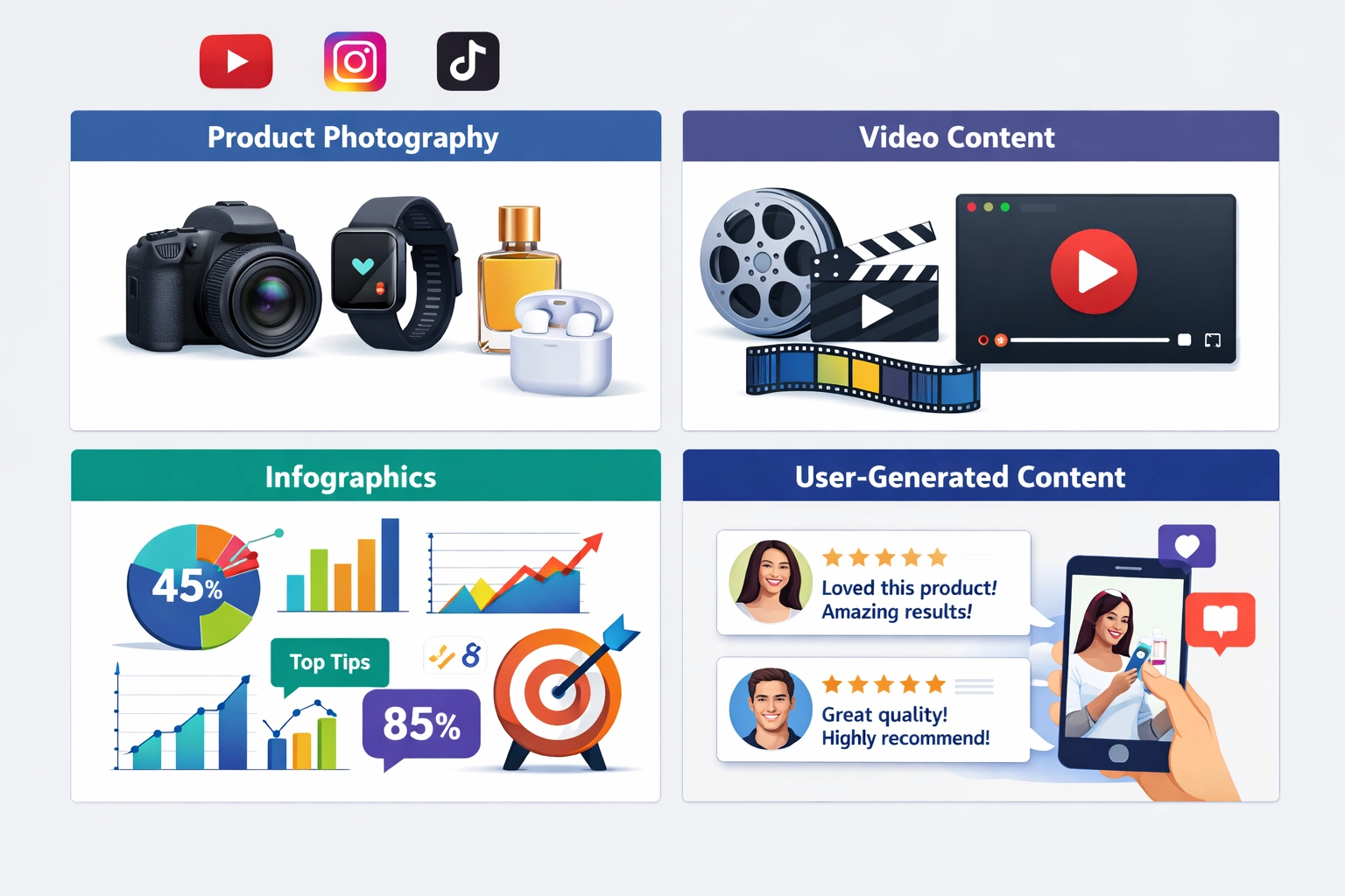 Diferentes tipos de contenido visual para marketing de afiliados incluyendo infografías, videos, fotos y contenido generado por usuarios