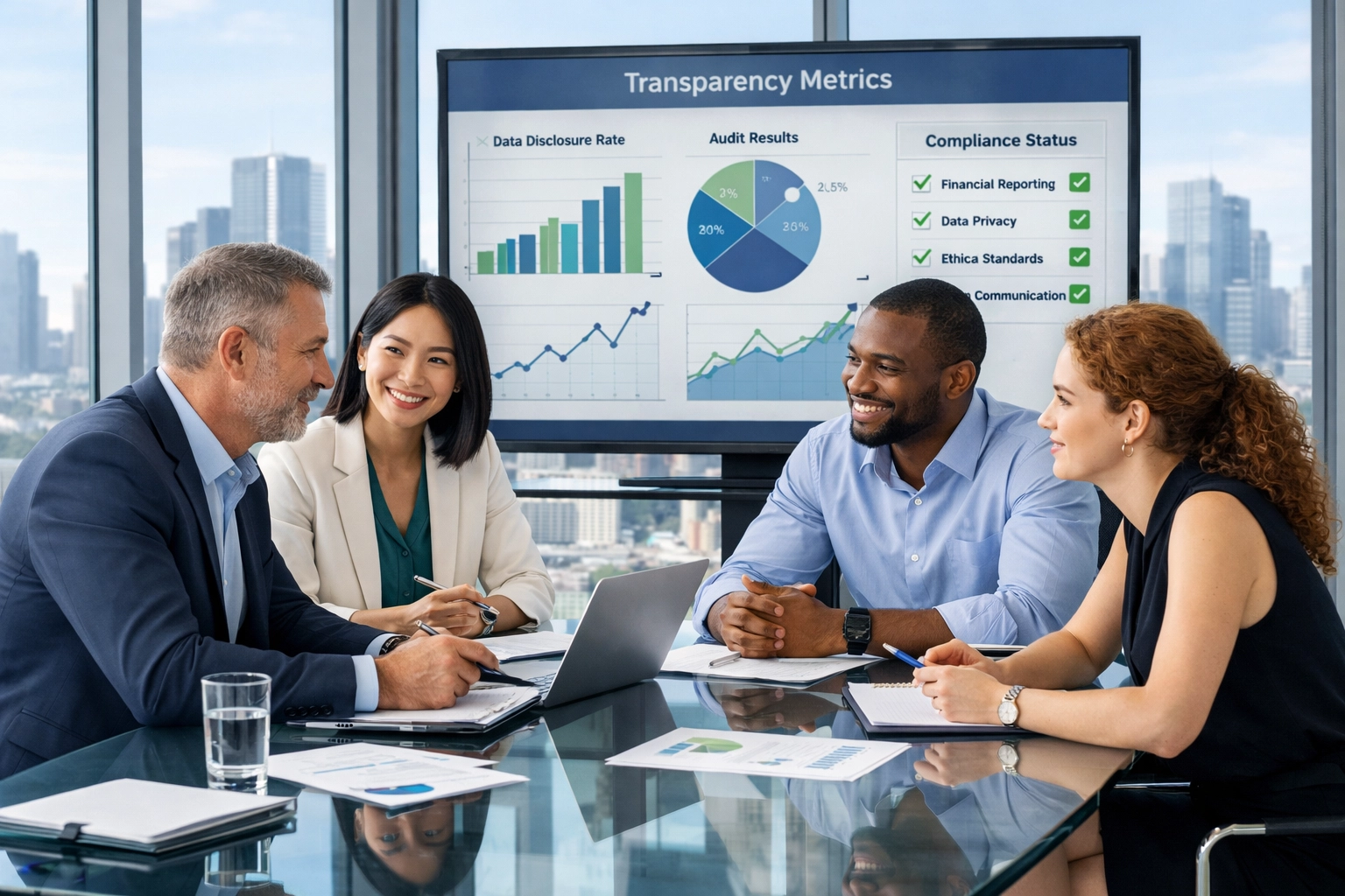 Professional business team implementing transparency strategy