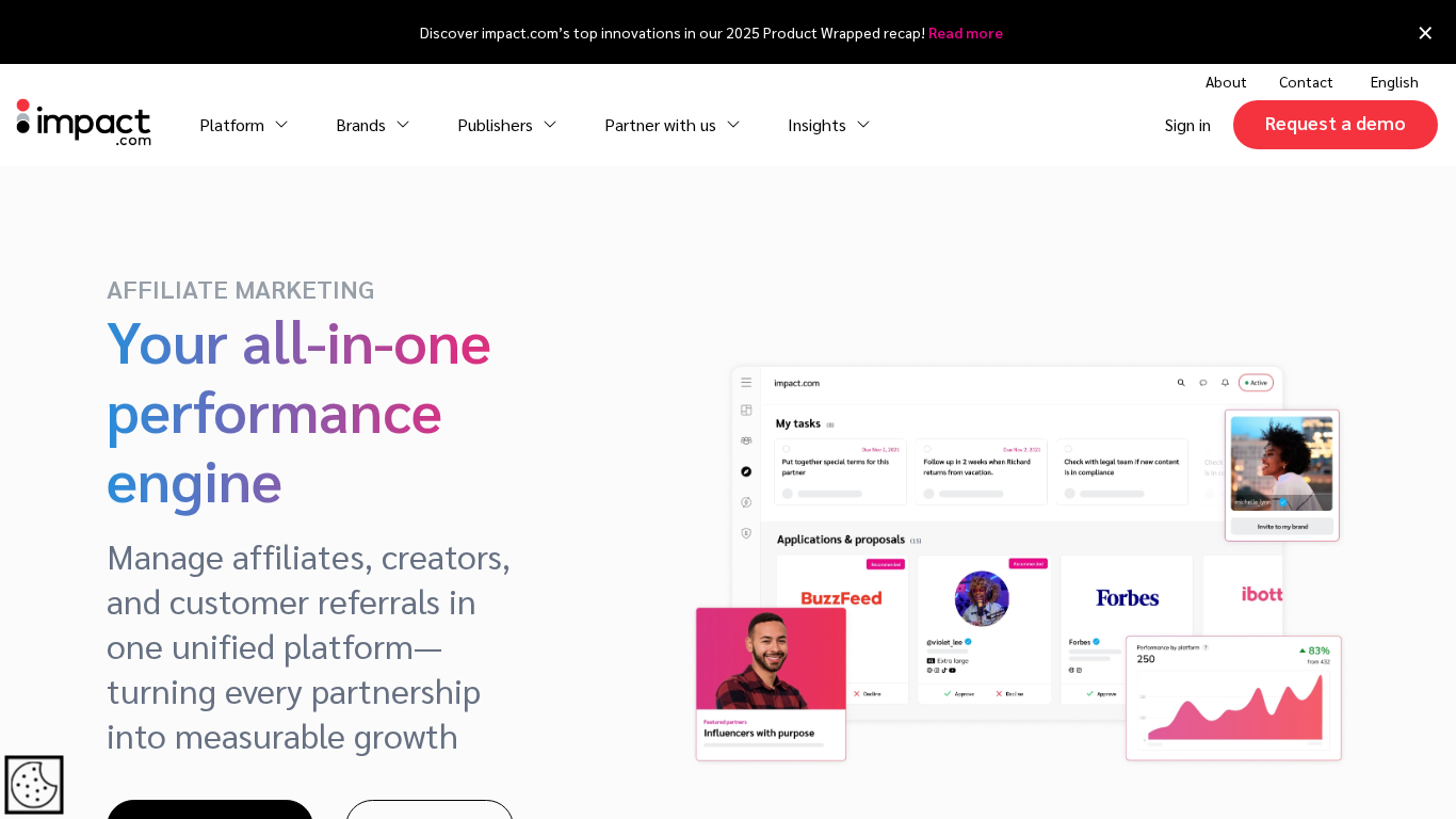 Interfaz de la plataforma de gestión de afiliados Impact mostrando automatización y análisis de asociaciones