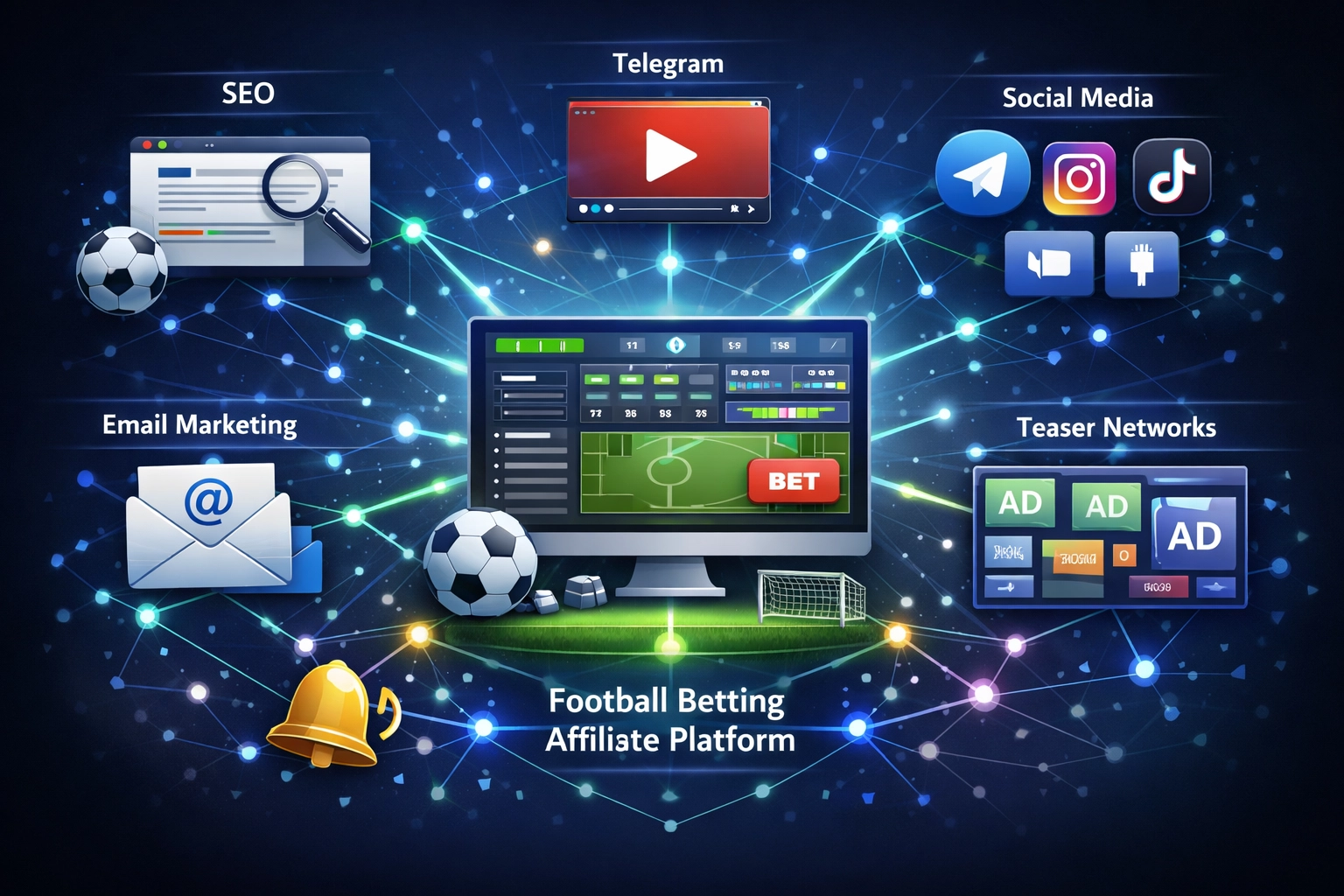 Ecosistema de canales de marketing digital para marketing de afiliados de apuestas de fútbol