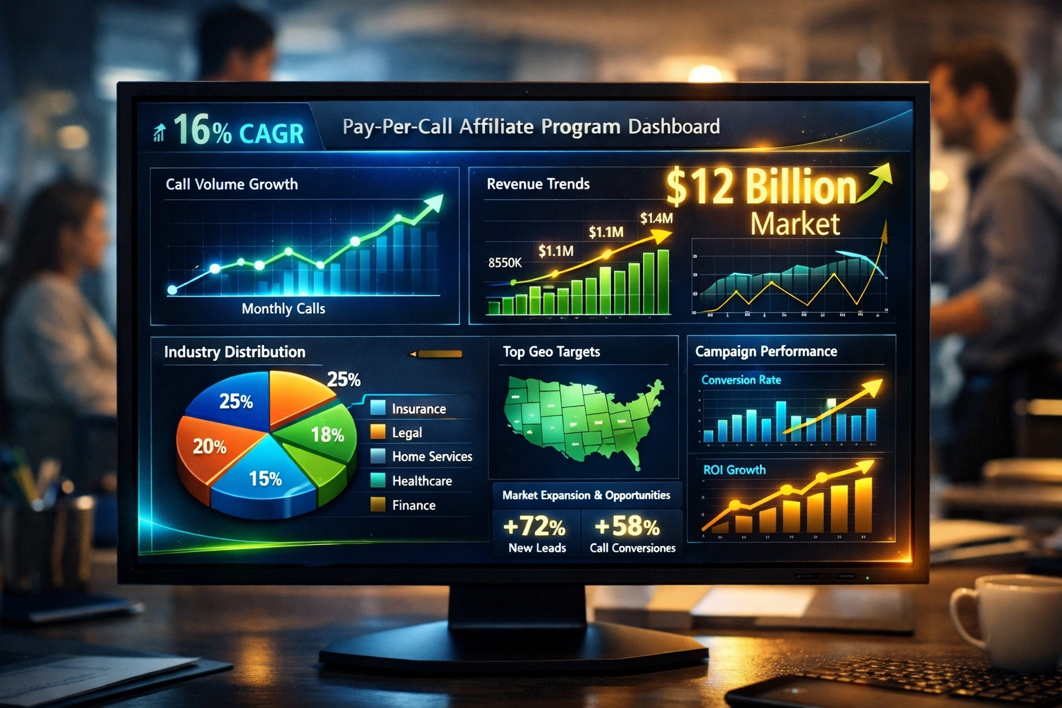 Panel de crecimiento del mercado de pago por llamada mostrando una proyección de $12 mil millones y un CAGR del 16%